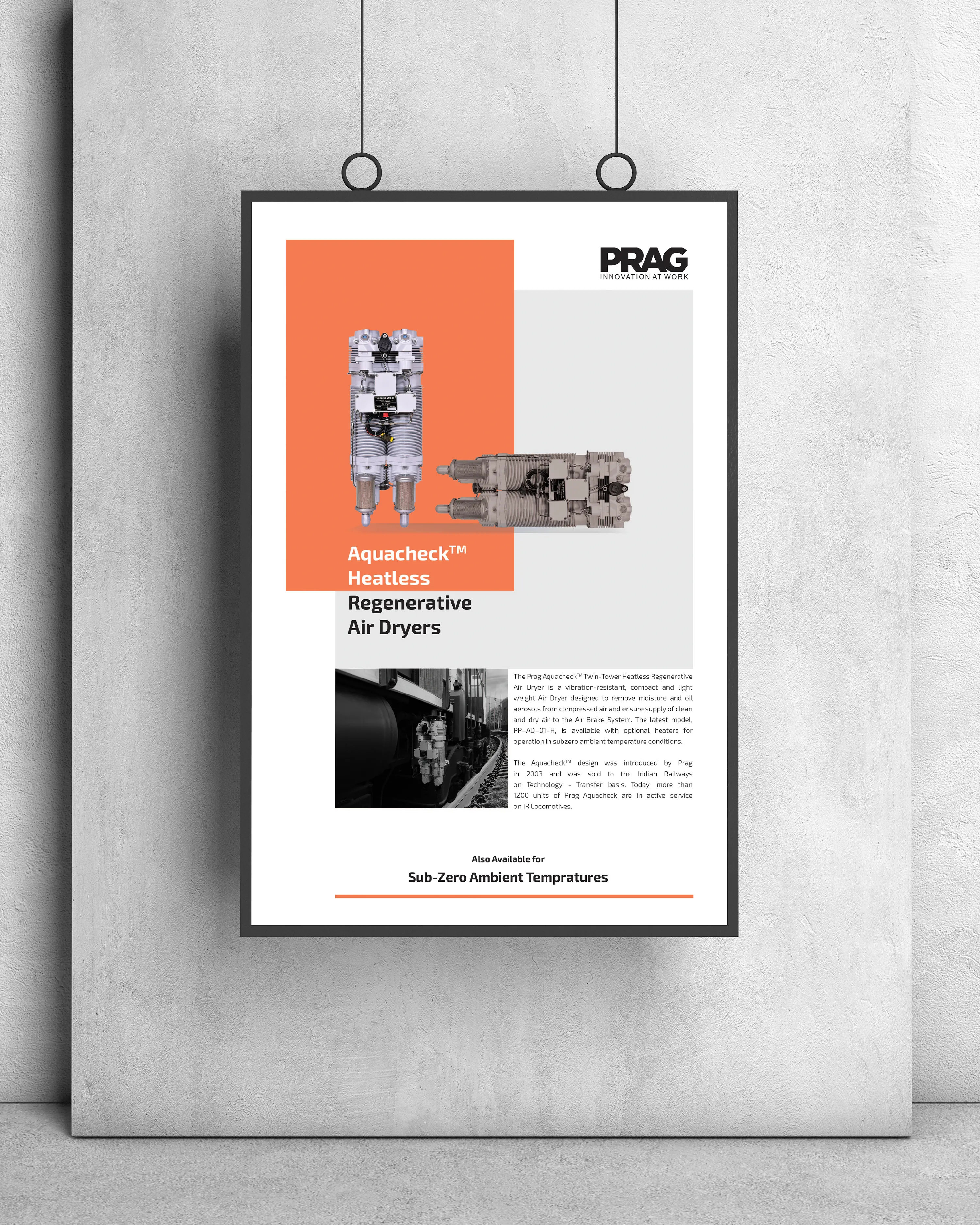 PRAG marketing poster for a product system, displayed in a hanging frame.
