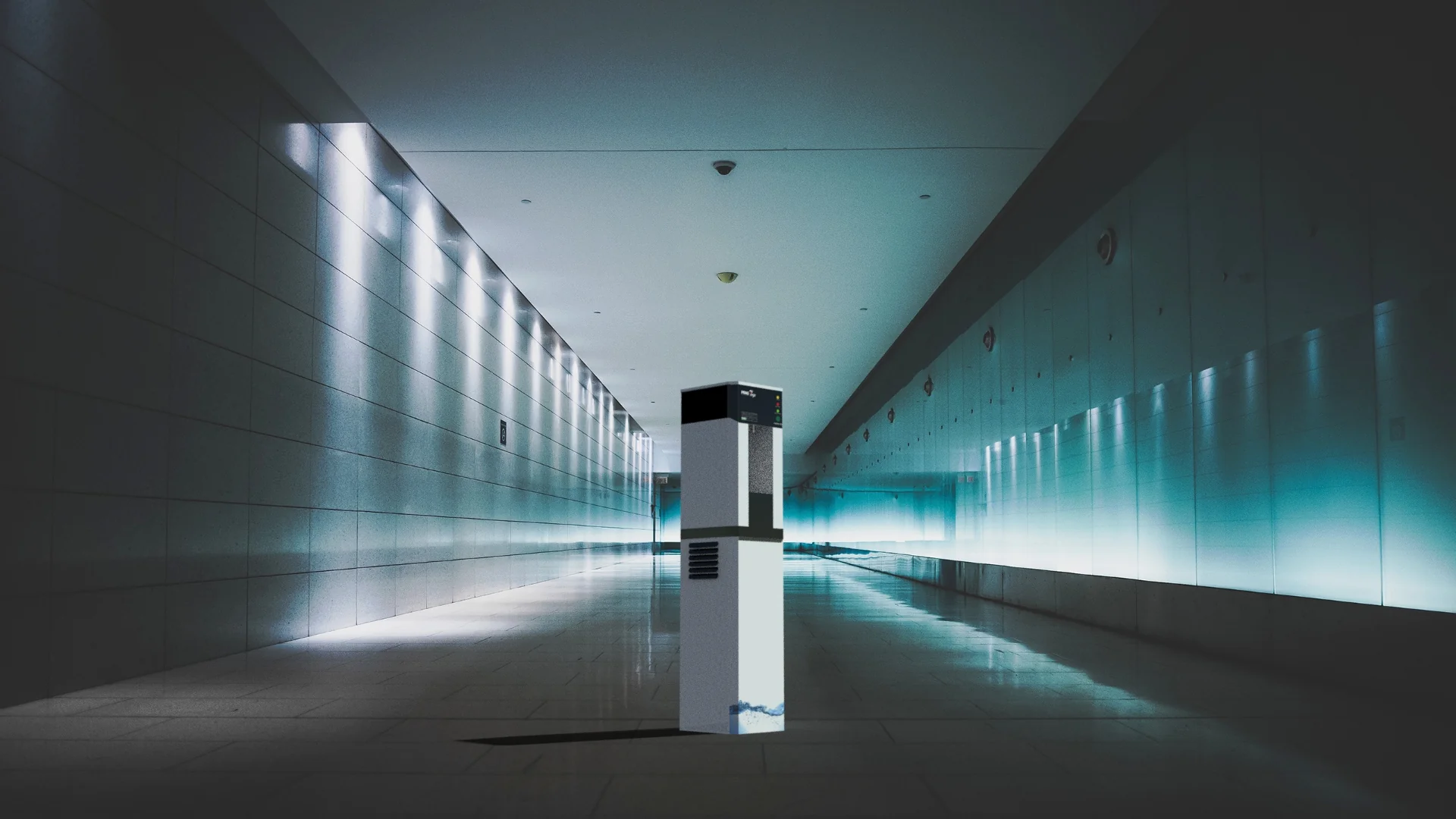 Articove water purifier visualised in a blue-lit station corridor.