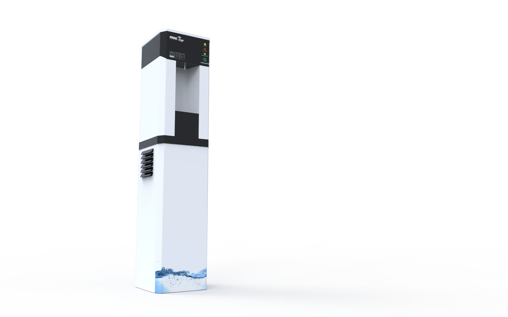 Full-height three-quarter render of the Articove water purifier with the water graphic applied at the base.