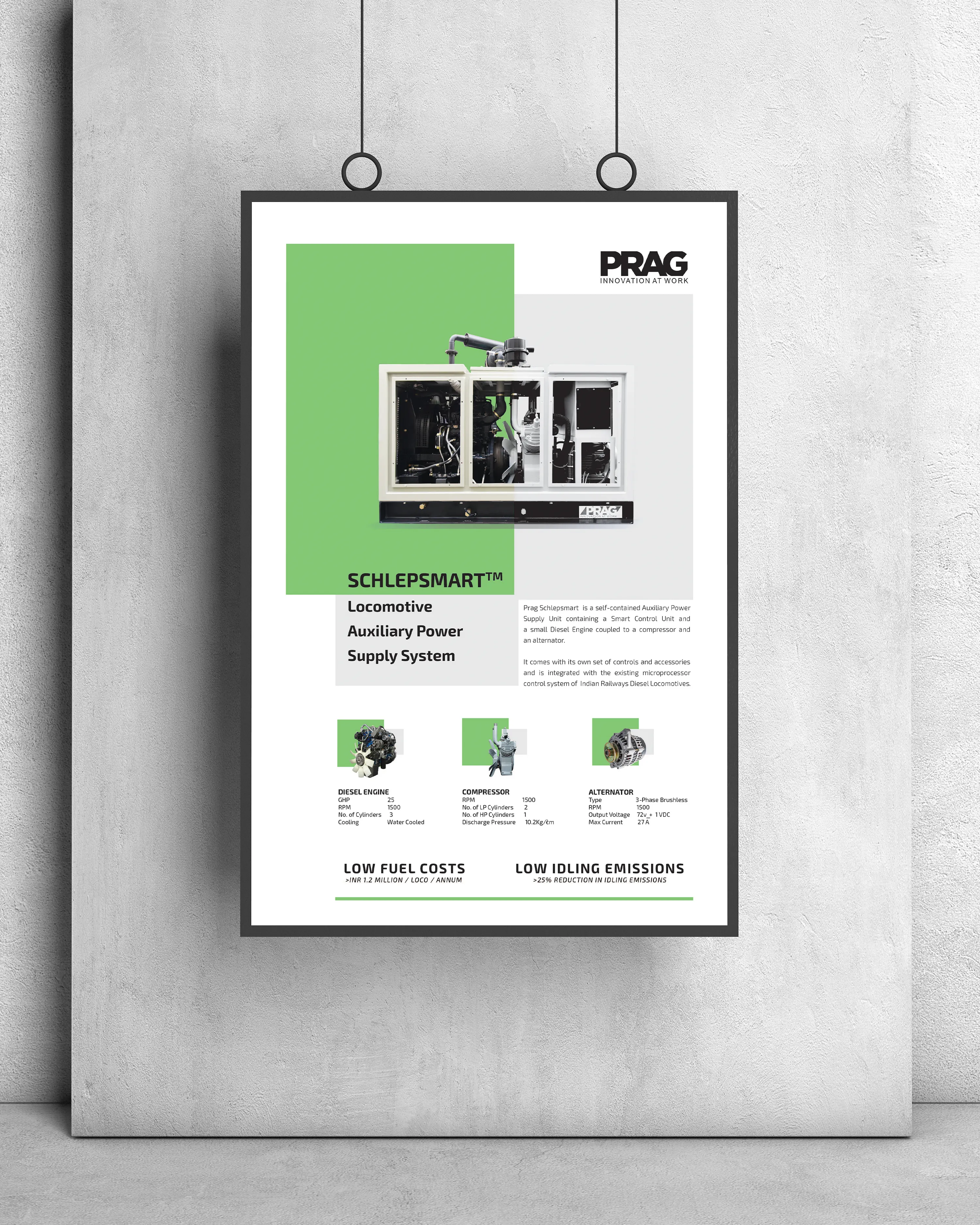 PRAG marketing poster for an industrial product, displayed in a hanging frame.