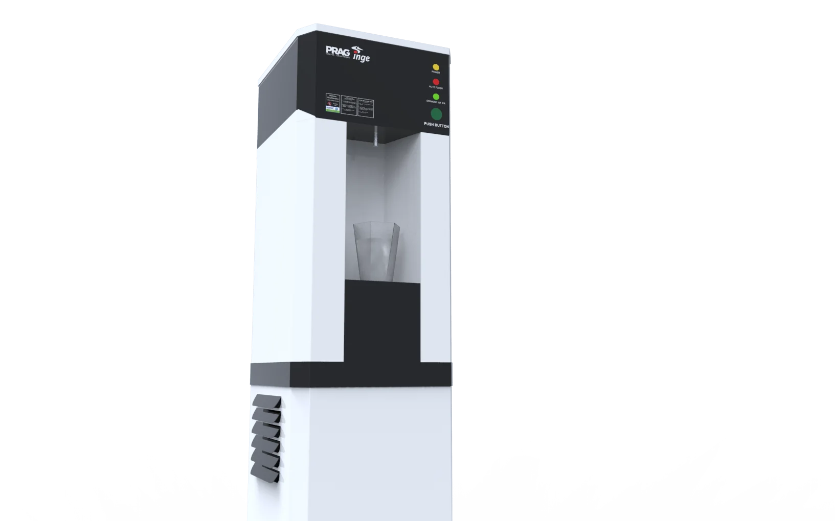 Close front view of the Articove dispenser, controls, and ventilation detail.