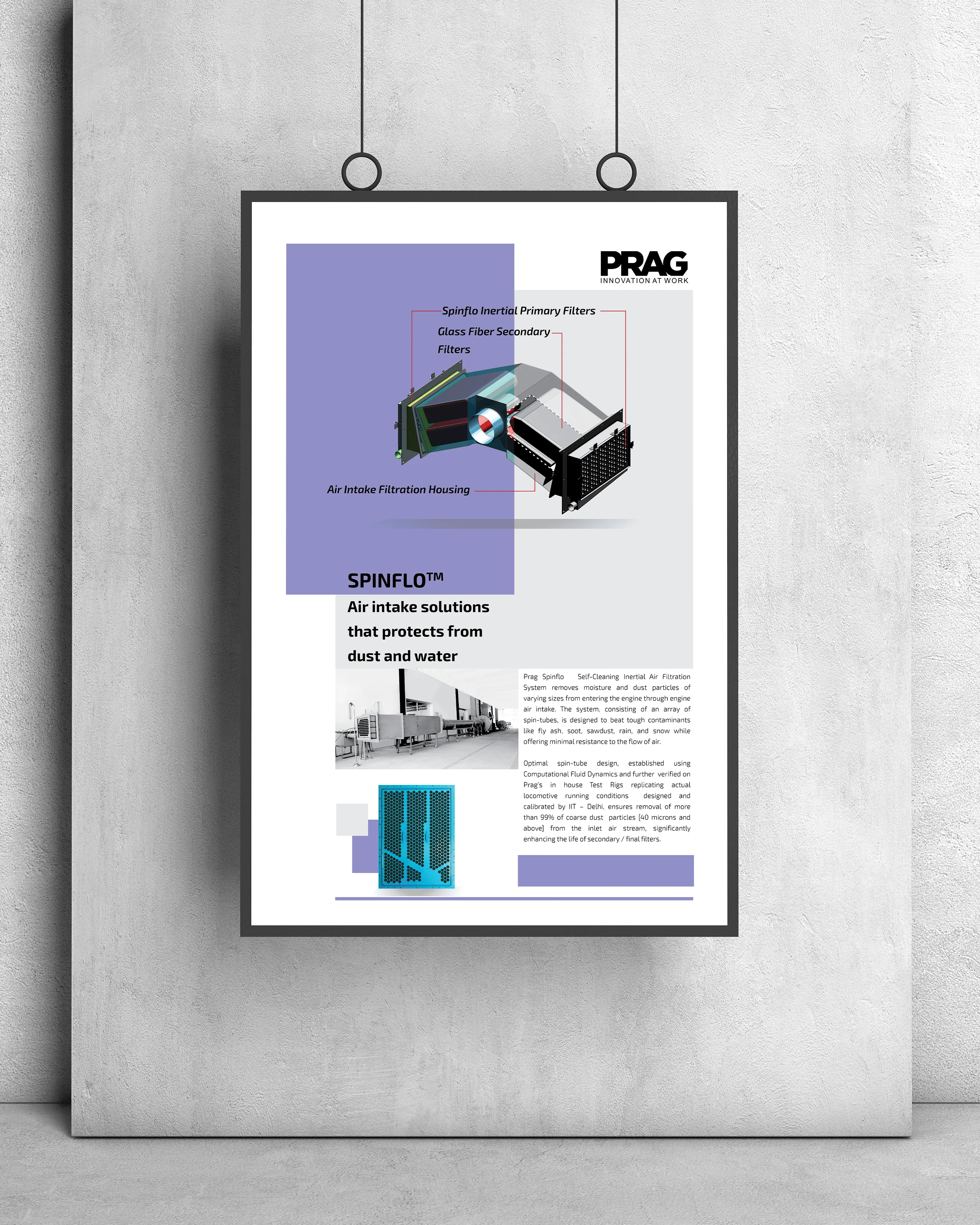 PRAG marketing poster for Spinflo air-intake solutions, displayed in a hanging frame.