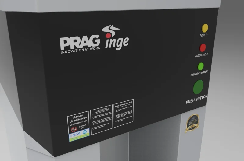 Close render of the PRAG branding and Articove control-panel graphics.