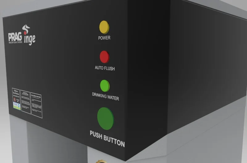 Angled close render of the indicator lights, labels, and push button.