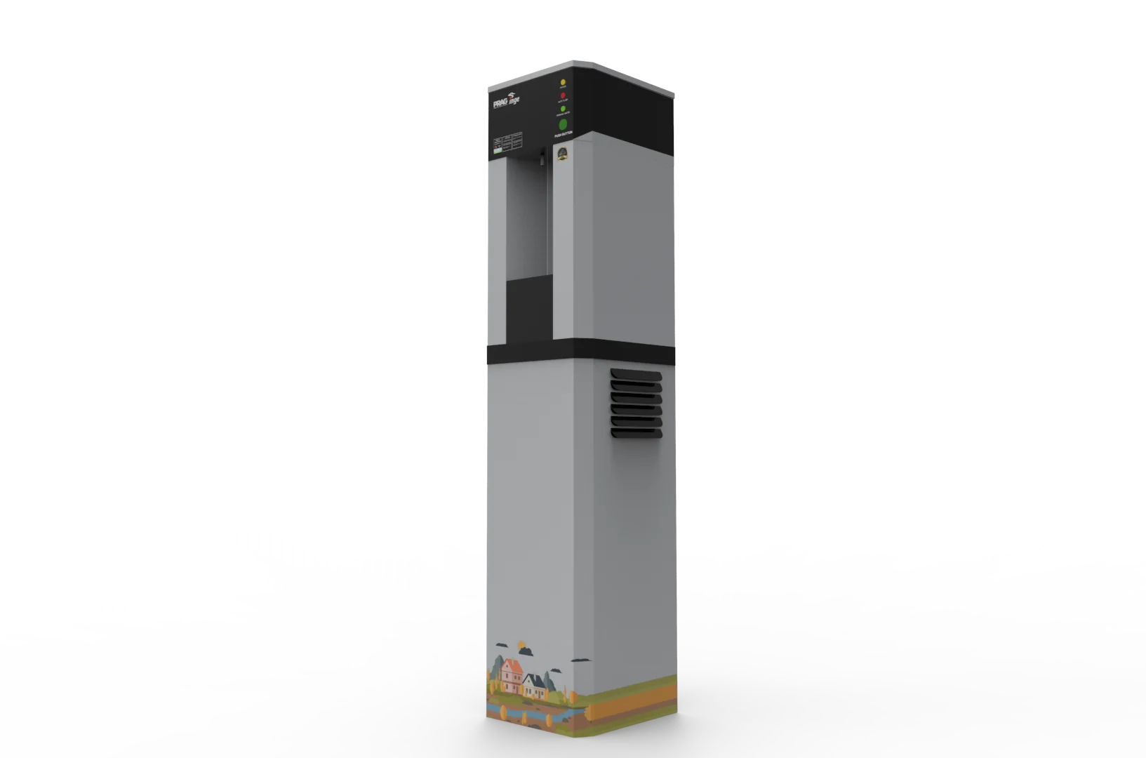 Full-height Articove render featuring an illustrated landscape graphic at the base.