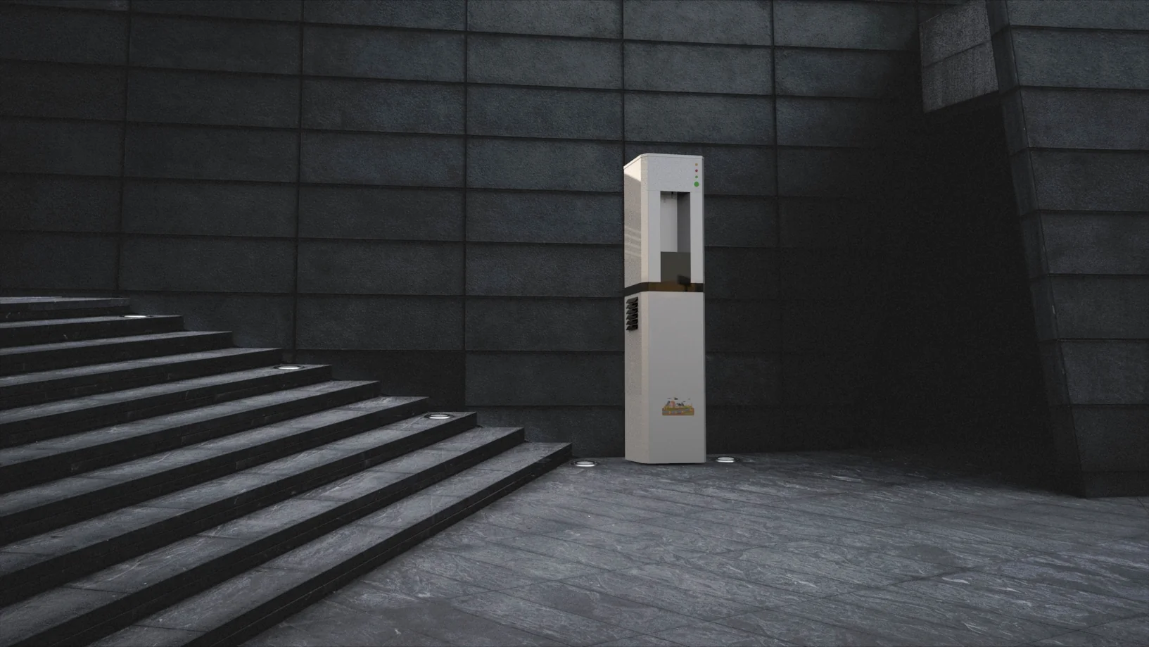 Articove water purifier visualised in a dark architectural setting.