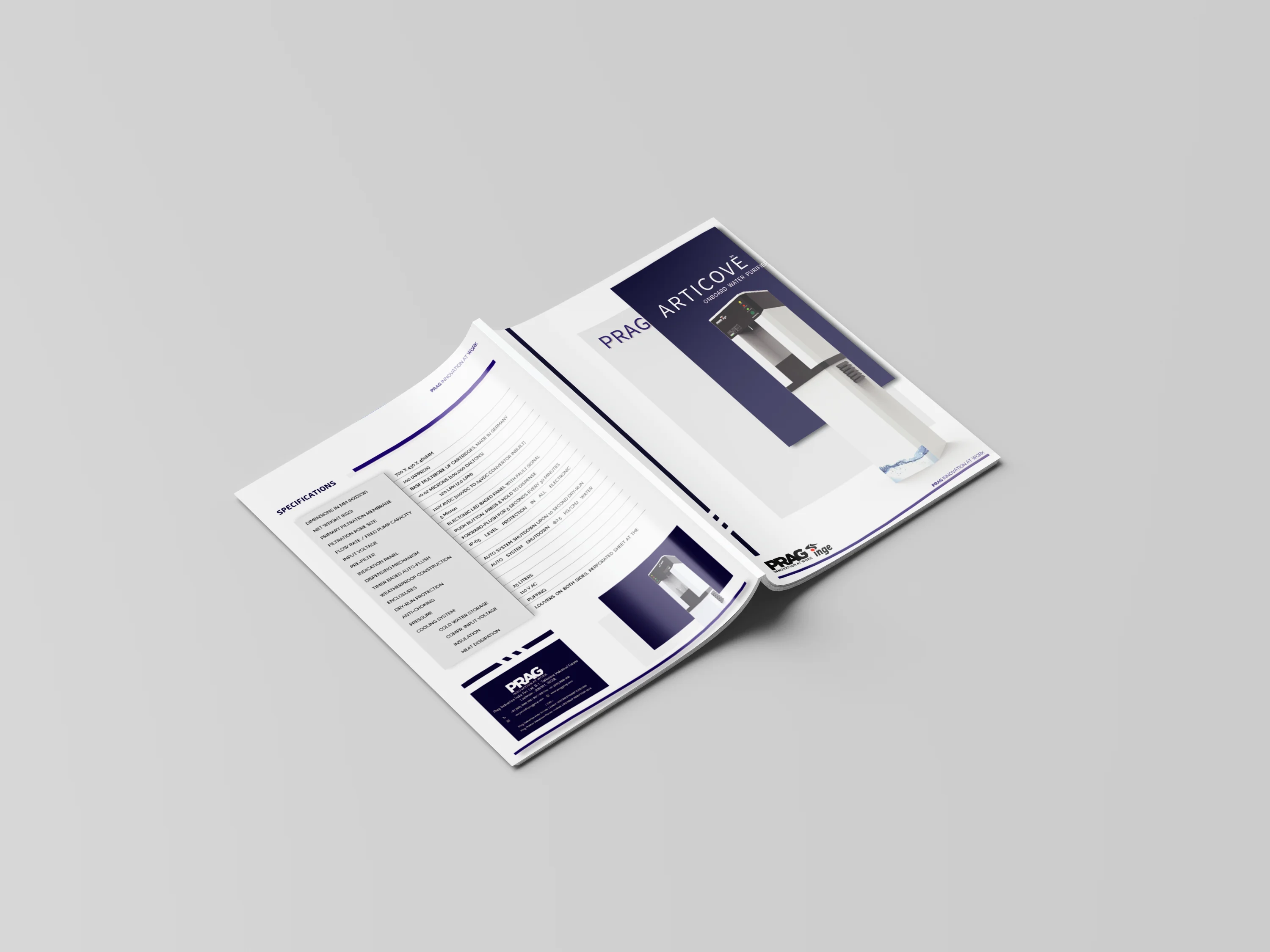 Open Articove brochure mockup showing the cover and technical-specification page.