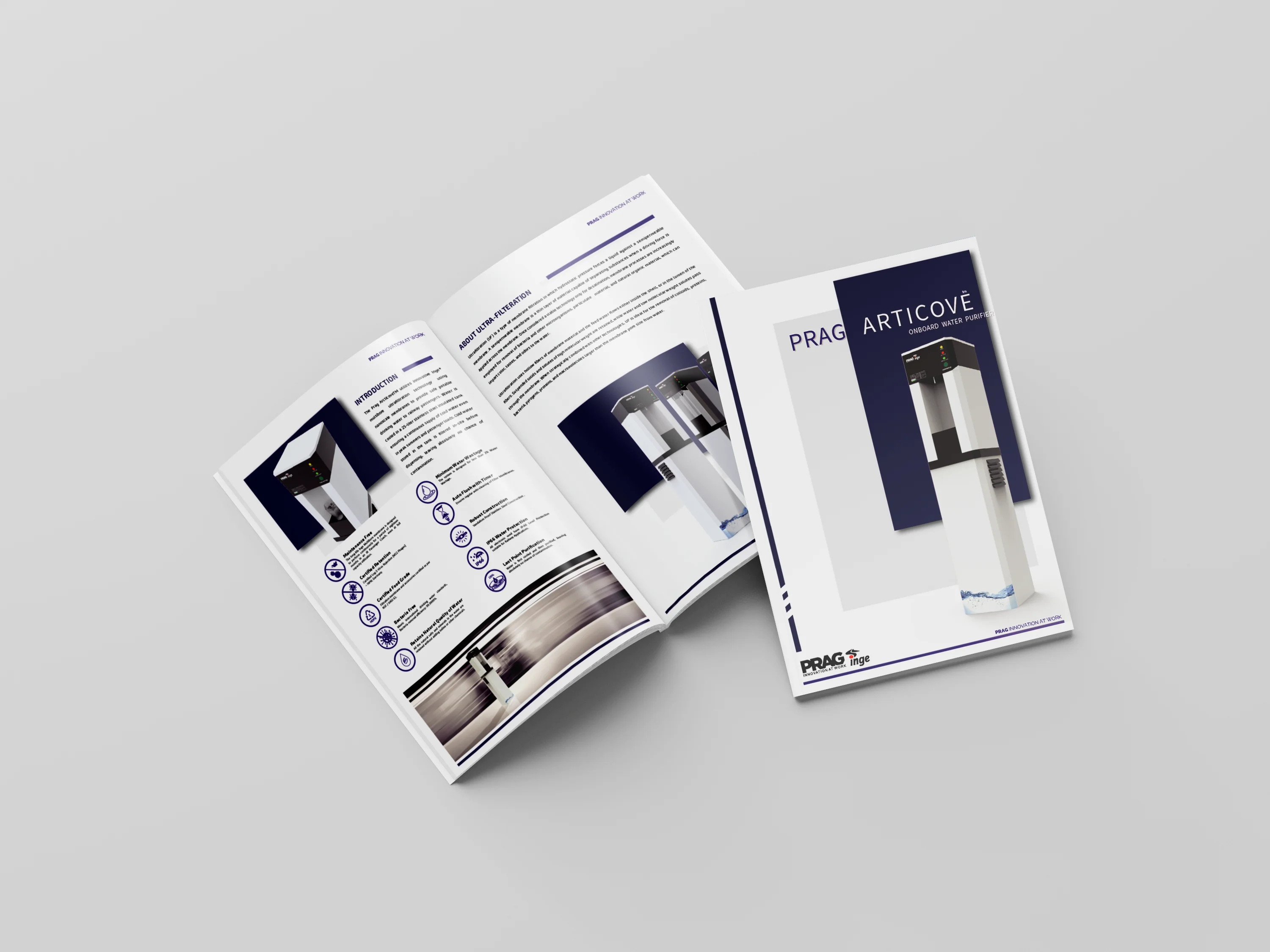 Articove brochure mockups showing the cover and interior marketing spreads.