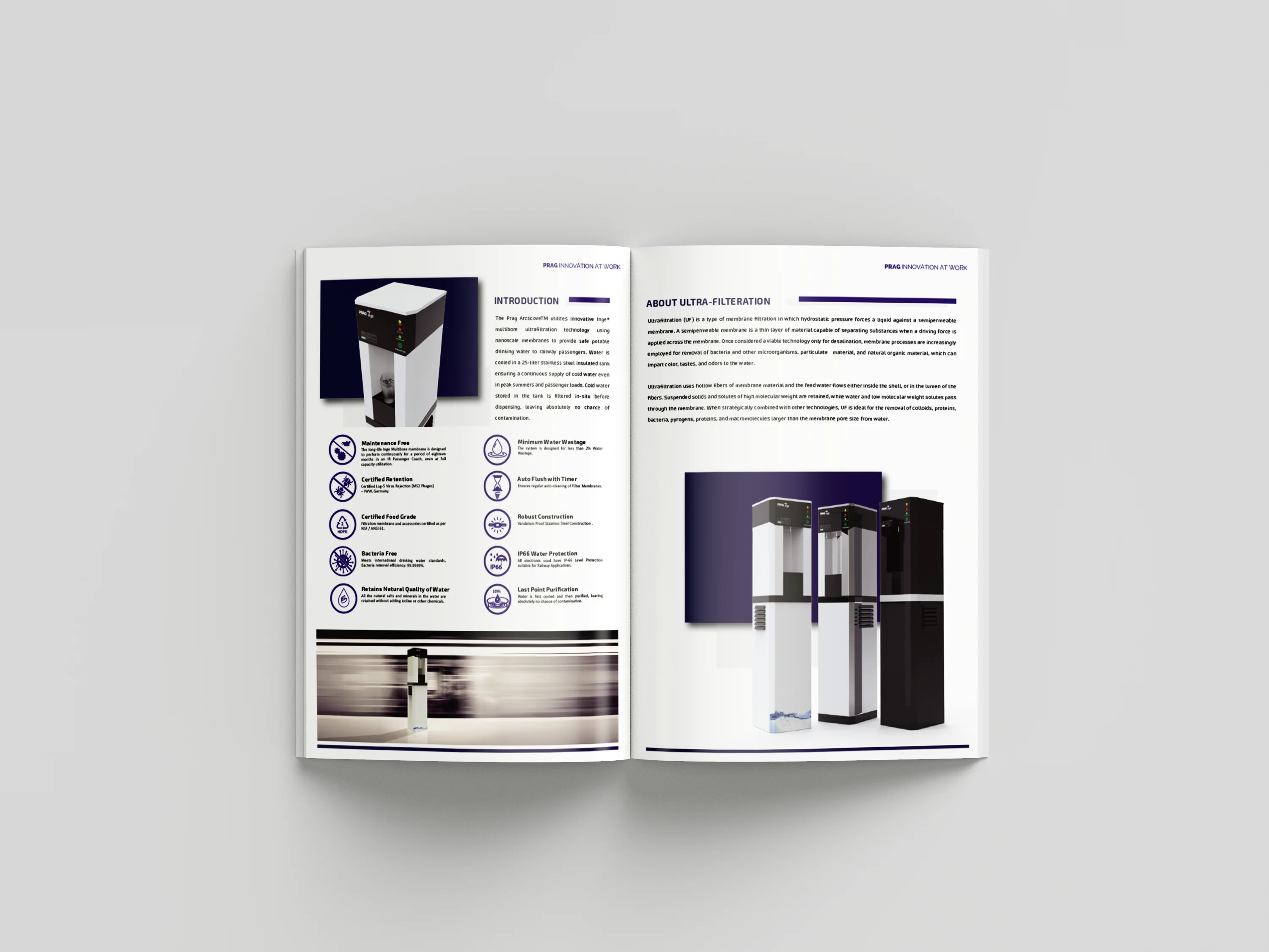 Open brochure spread presenting the Articove introduction, features, and ultrafiltration information.