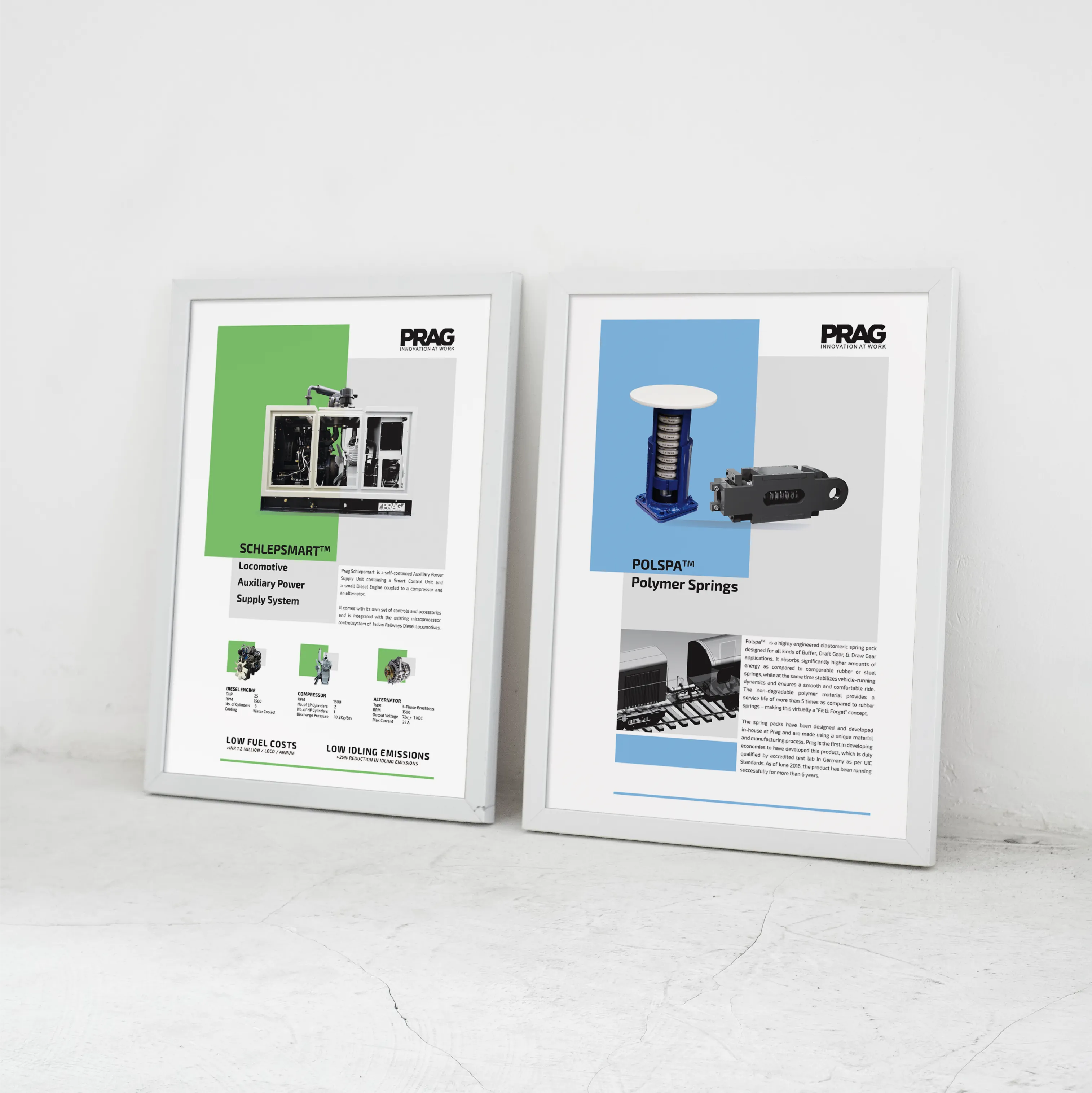Two framed PRAG marketing posters displayed together in an office-like setting.