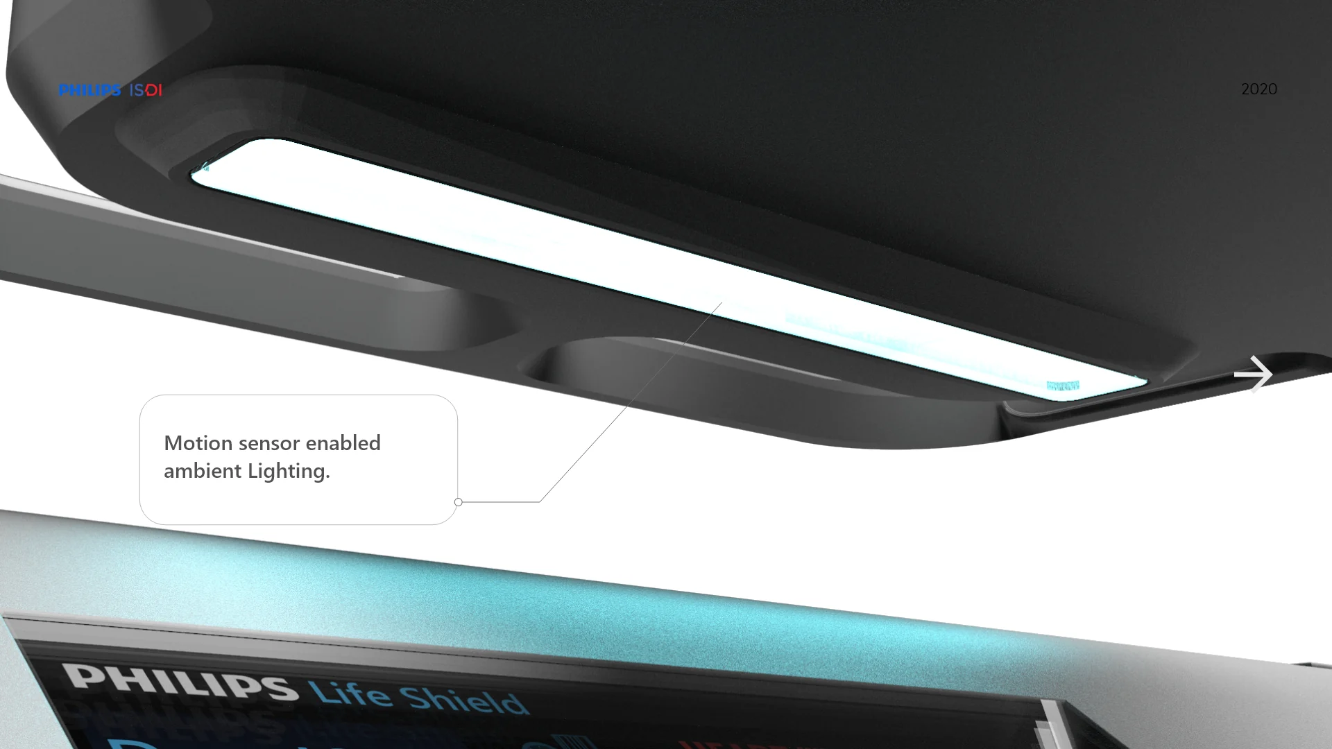 Close view of the illuminated upper handle and ambient-light strip.