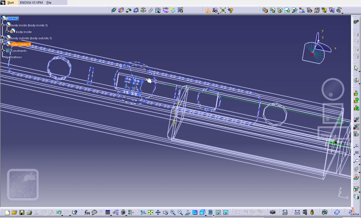 CATIA assembly video still showing the internal body and slider components.