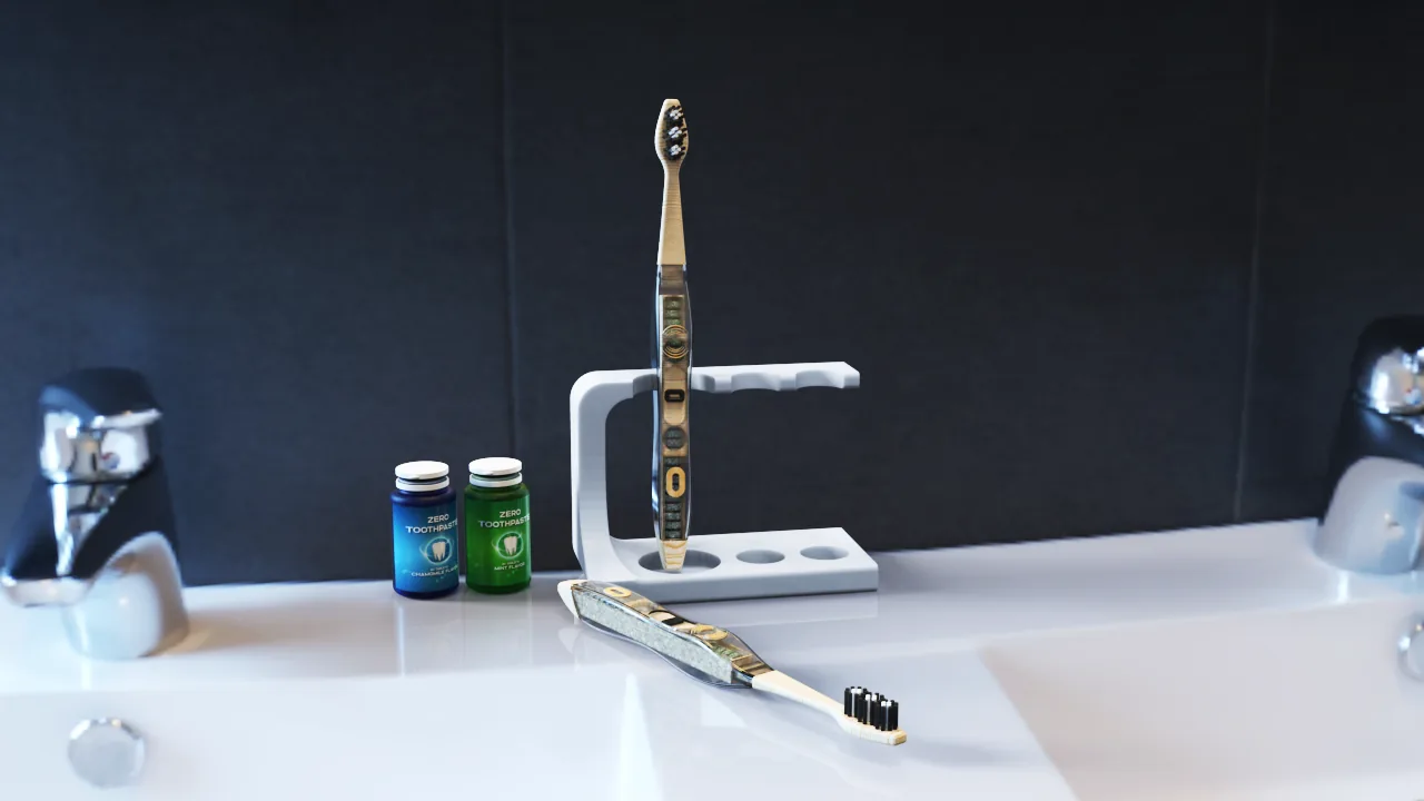Zero Brush system rendered on a bathroom counter with holder and toothpaste-pellet bottles.