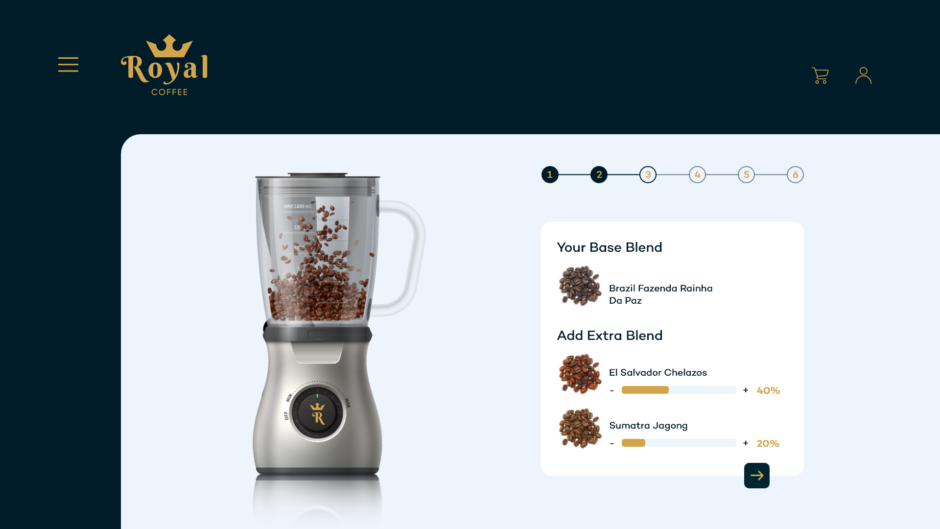 High-fidelity concept screen showing a selected base blend and optional extra blends.
