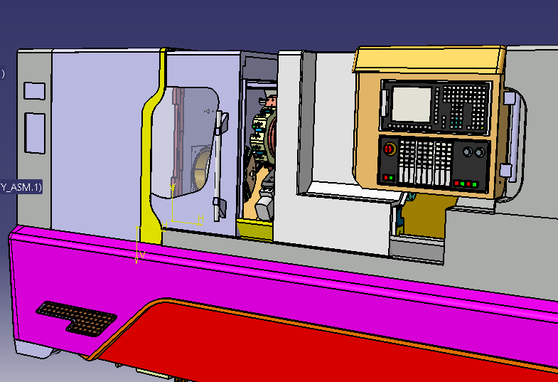 CAD close-up of the LT-20 front showing the working window, door, controller surround, and lower front guard.