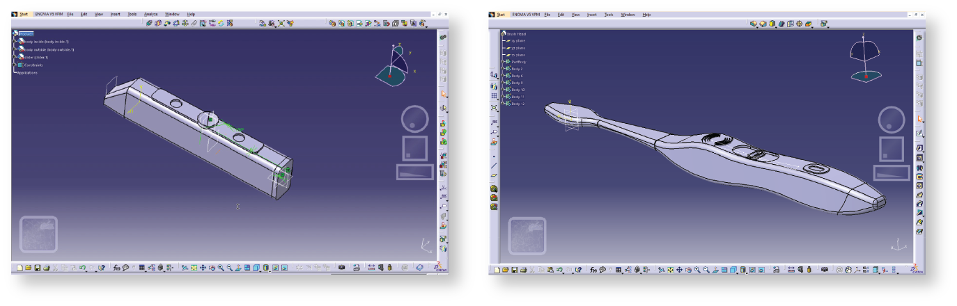 Two CATIA viewport screenshots showing toothbrush-body and assembly geometry.