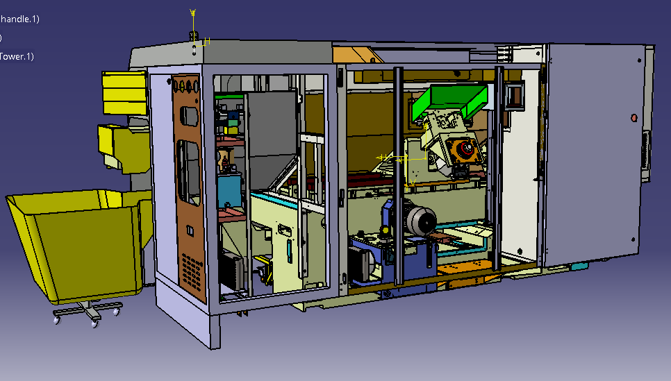 Open-side CAD view exposing the machine frame, hydraulics, conveyor, motor, and internal architecture.