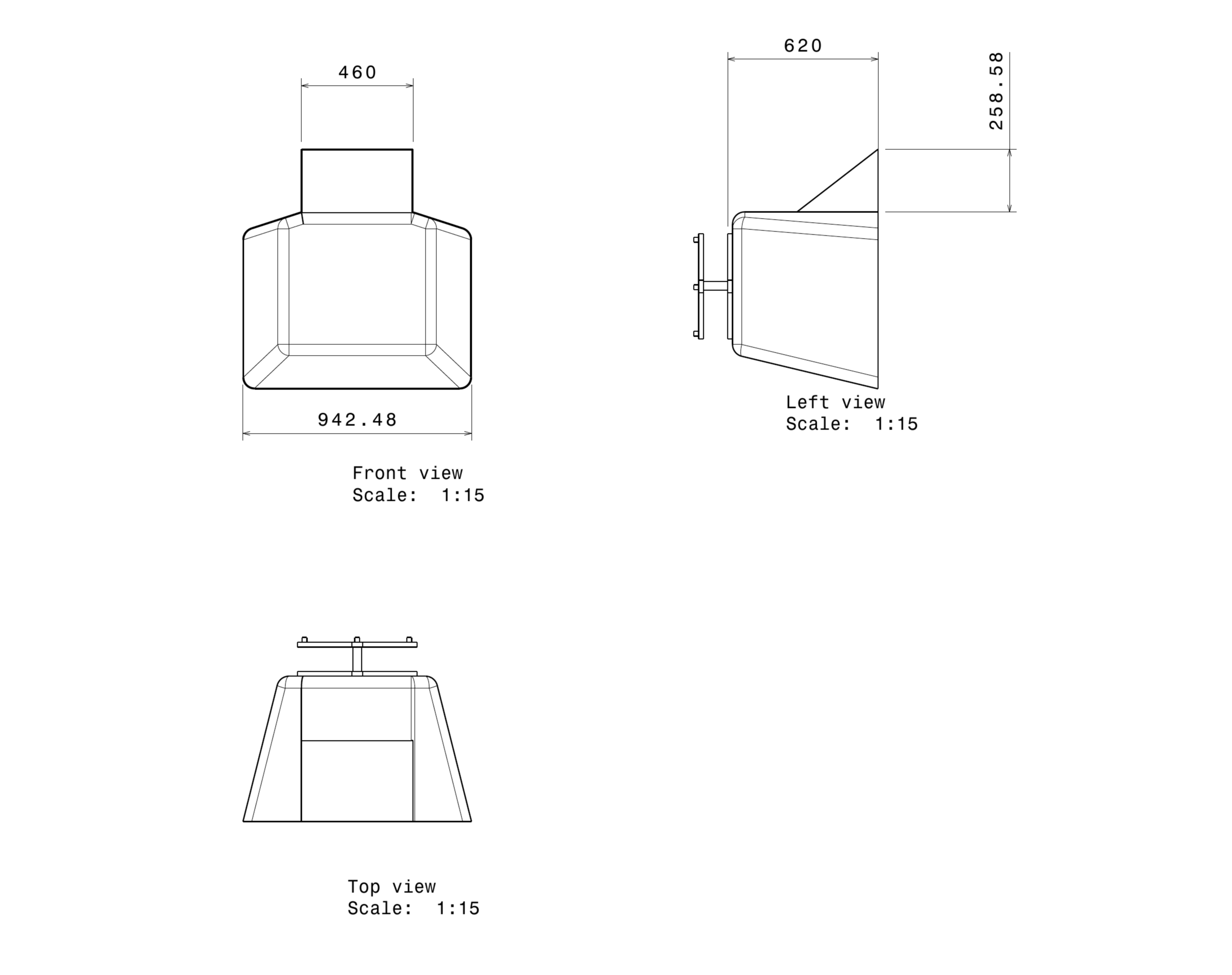 Dimensioned front, left, and top views of the proposed collection bin.