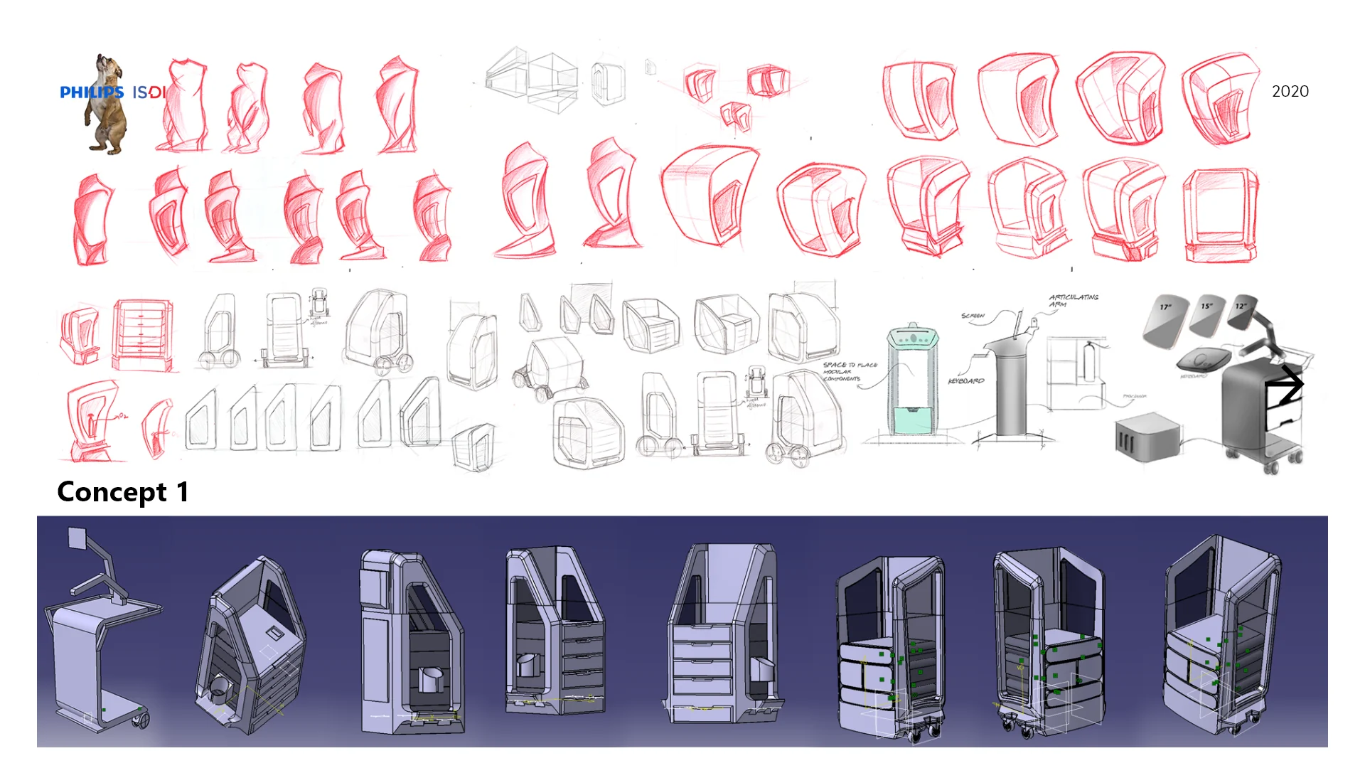 Concept 1 sketches, form evolution, and early CAD variants.