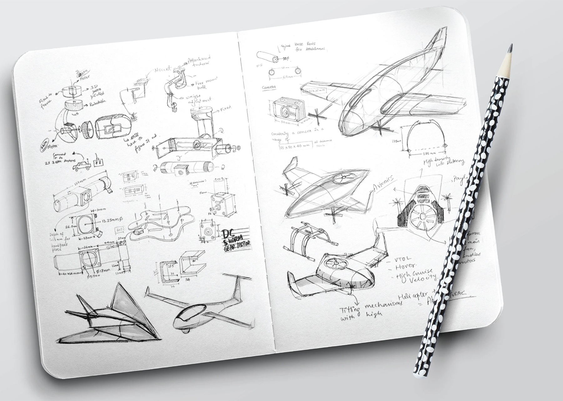 Sketchbook pages exploring aircraft forms, sensor packaging, and mechanical details.