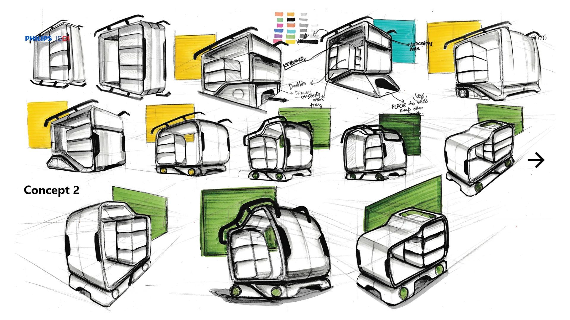 Concept 2 sketches exploring alternative body, storage, and handle arrangements.