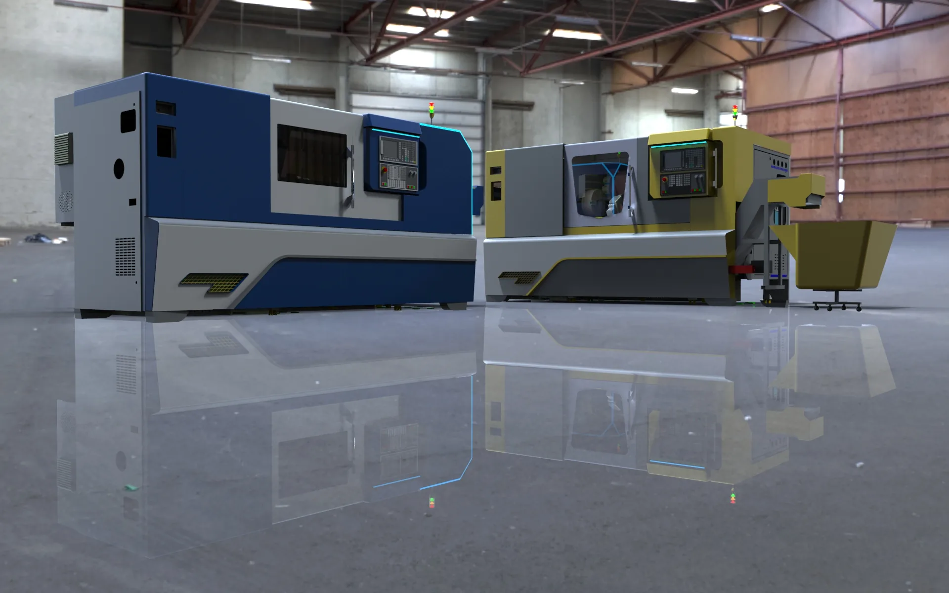 Blue and yellow LT-20 concept variants rendered together in a factory setting.