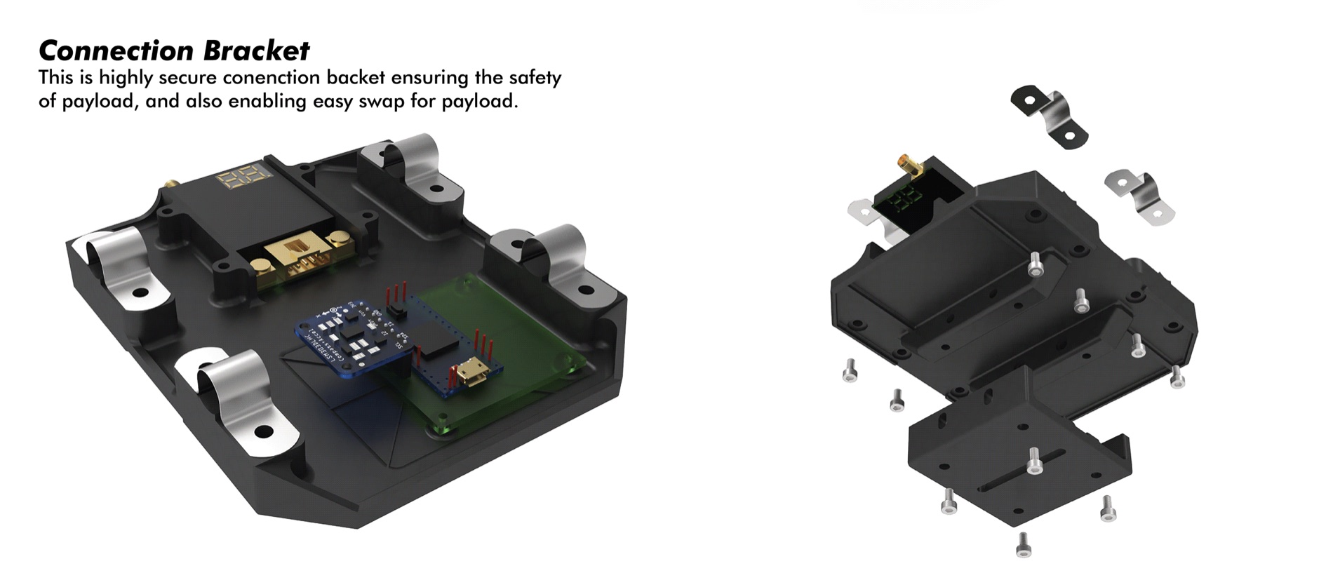 Connection bracket with integrated electronics and fasteners.