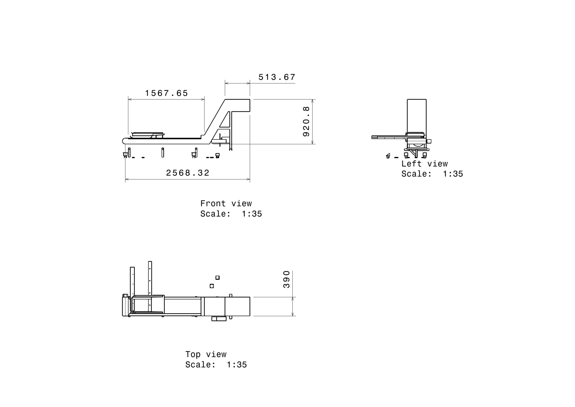 Dimensioned front, left, and top views of the proposed chip conveyor.