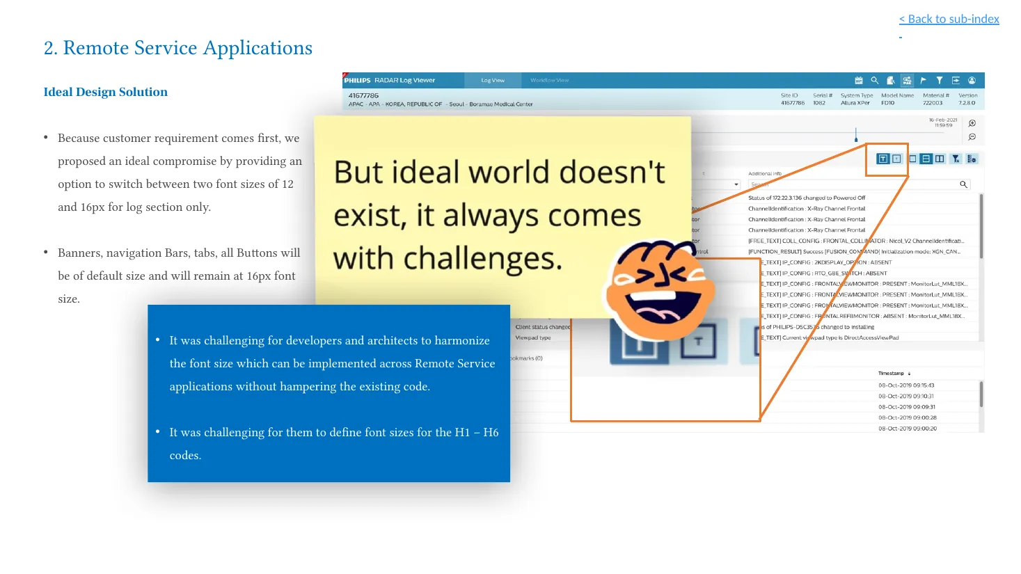 Deck visual showing the proposed two-size log-reading control and the implementation challenge.