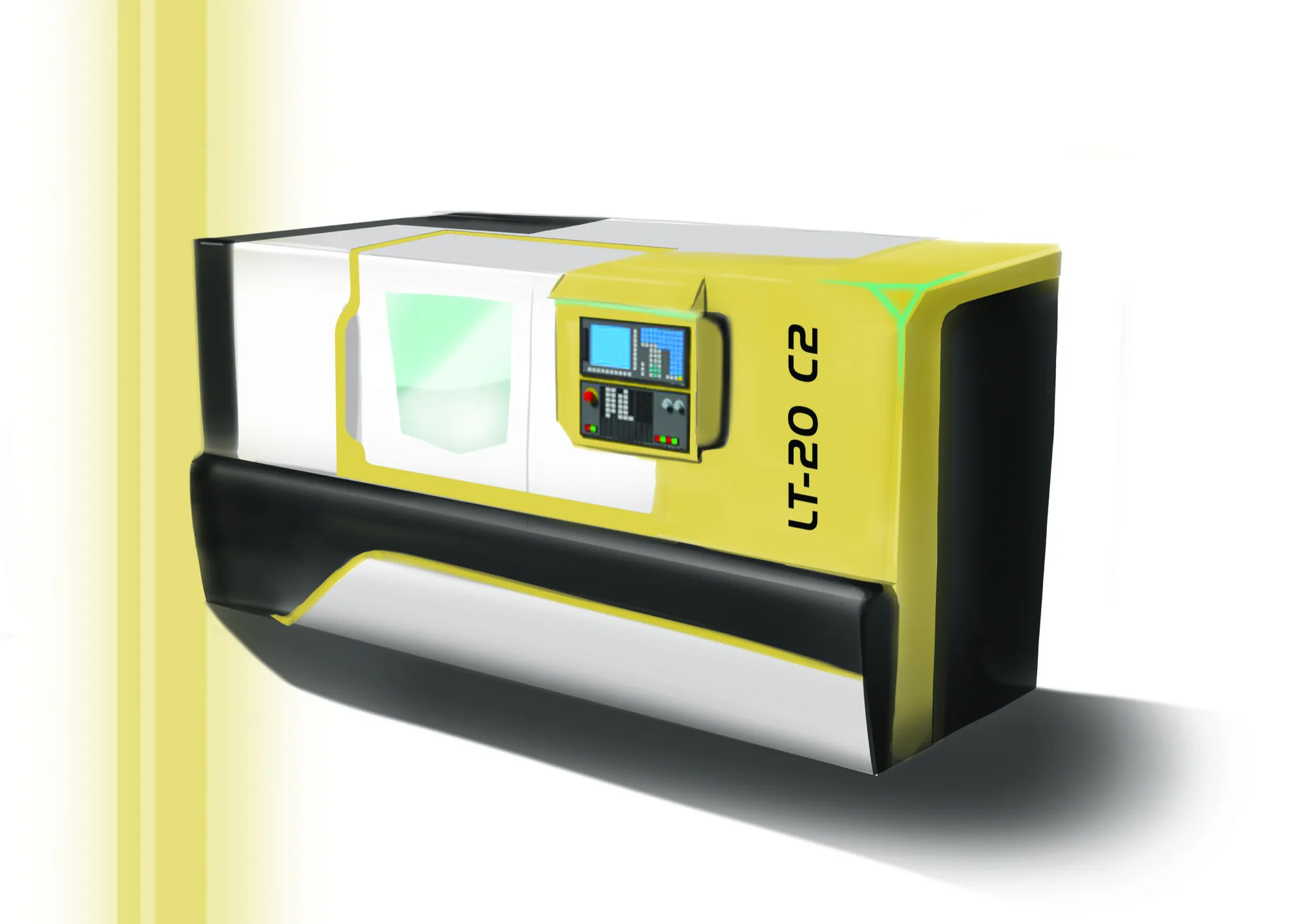 Digital sketch render of a yellow, white, and black LT-20 enclosure proposal.