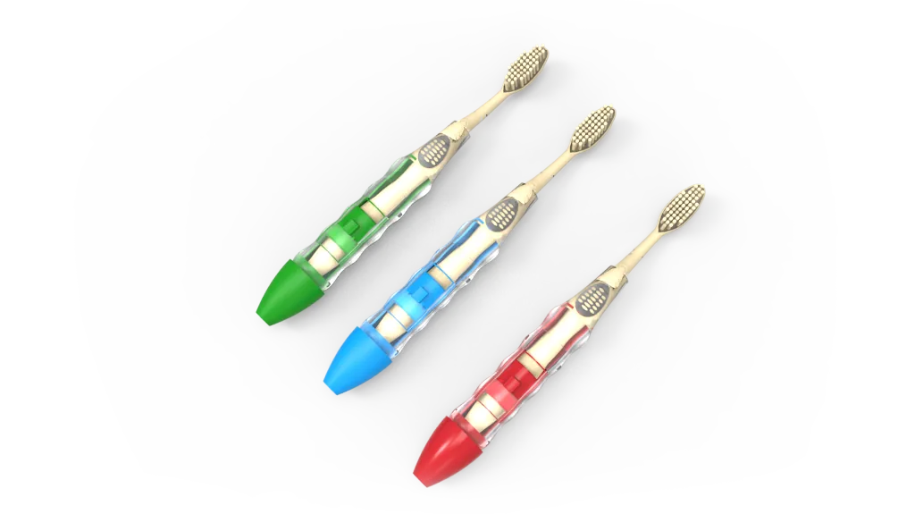 Three translucent toothbrush render variants with green, blue, and red accents.