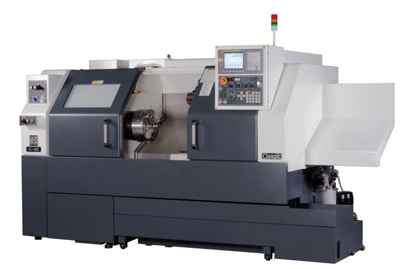 Existing LT-20 Classic CNC turning centre with separate dark front guards, control console, and white rear enclosure.