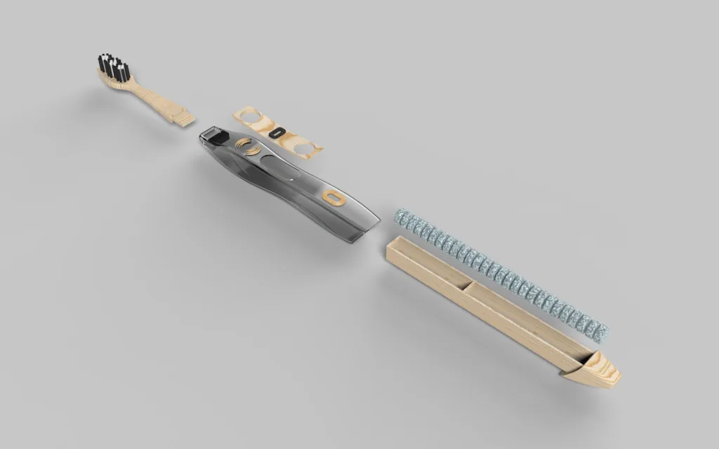 Exploded concept render with detachable head, body, slider plate, pellet tray, and toothpaste-pill sequence.
