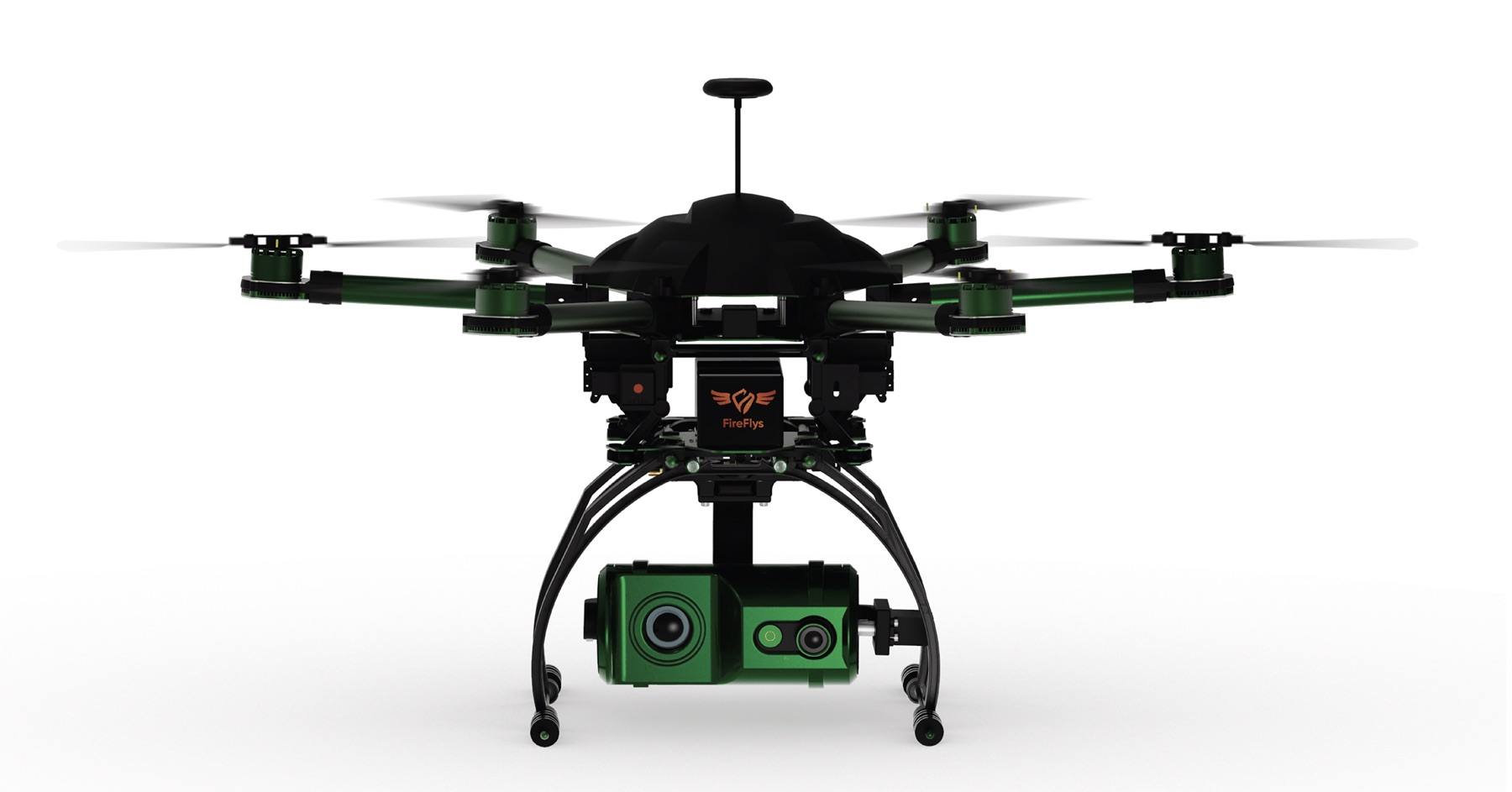 Front render of the final FireFlys drone and sensor payload.