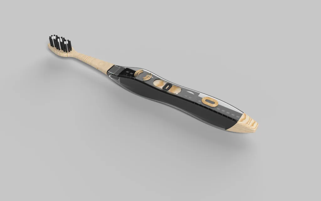 Three-quarter render of the developed Zero Brush body with wood-grain head and controls.