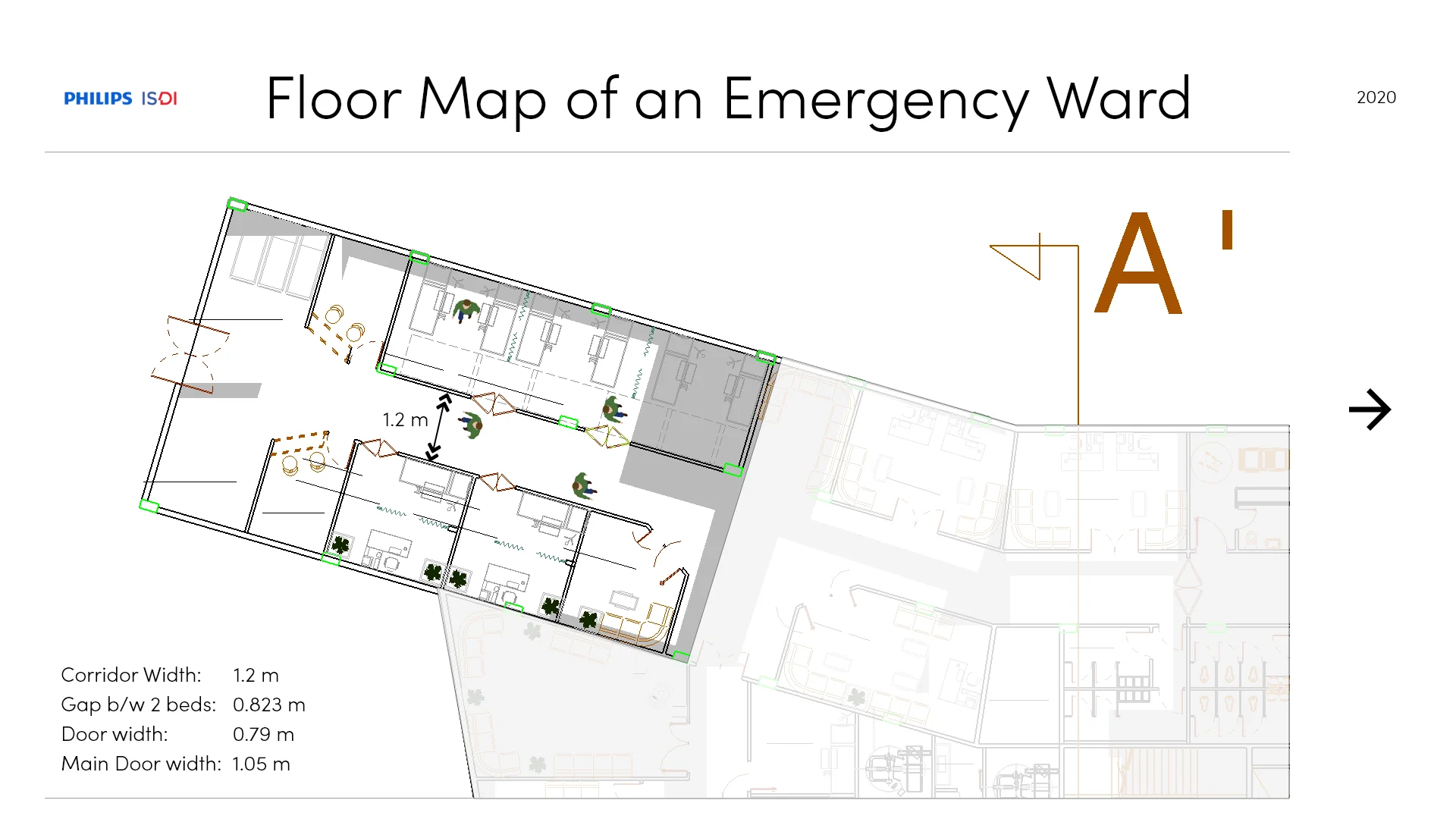 Annotated emergency-ward floor plan with recorded corridor, bed-gap, and doorway dimensions.