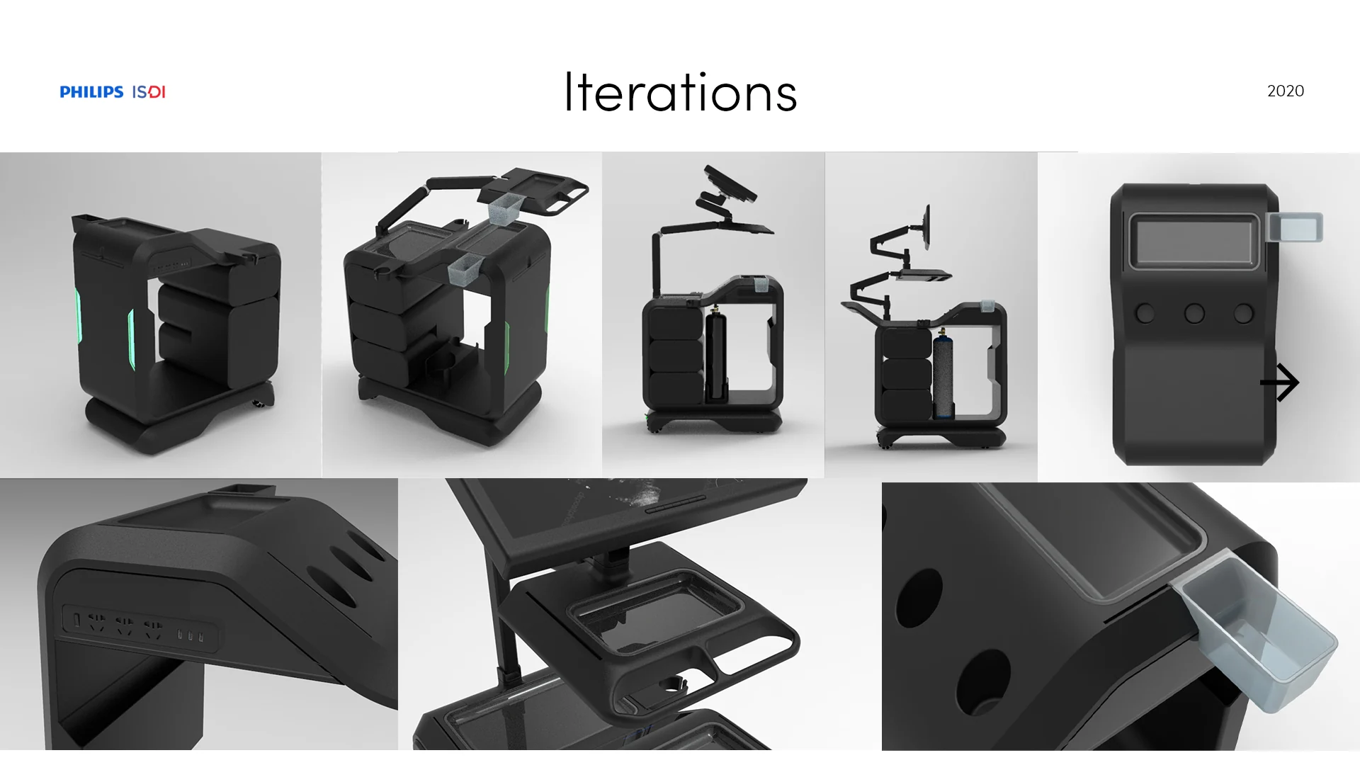 CAD and render iterations showing changes to the cart body and details.