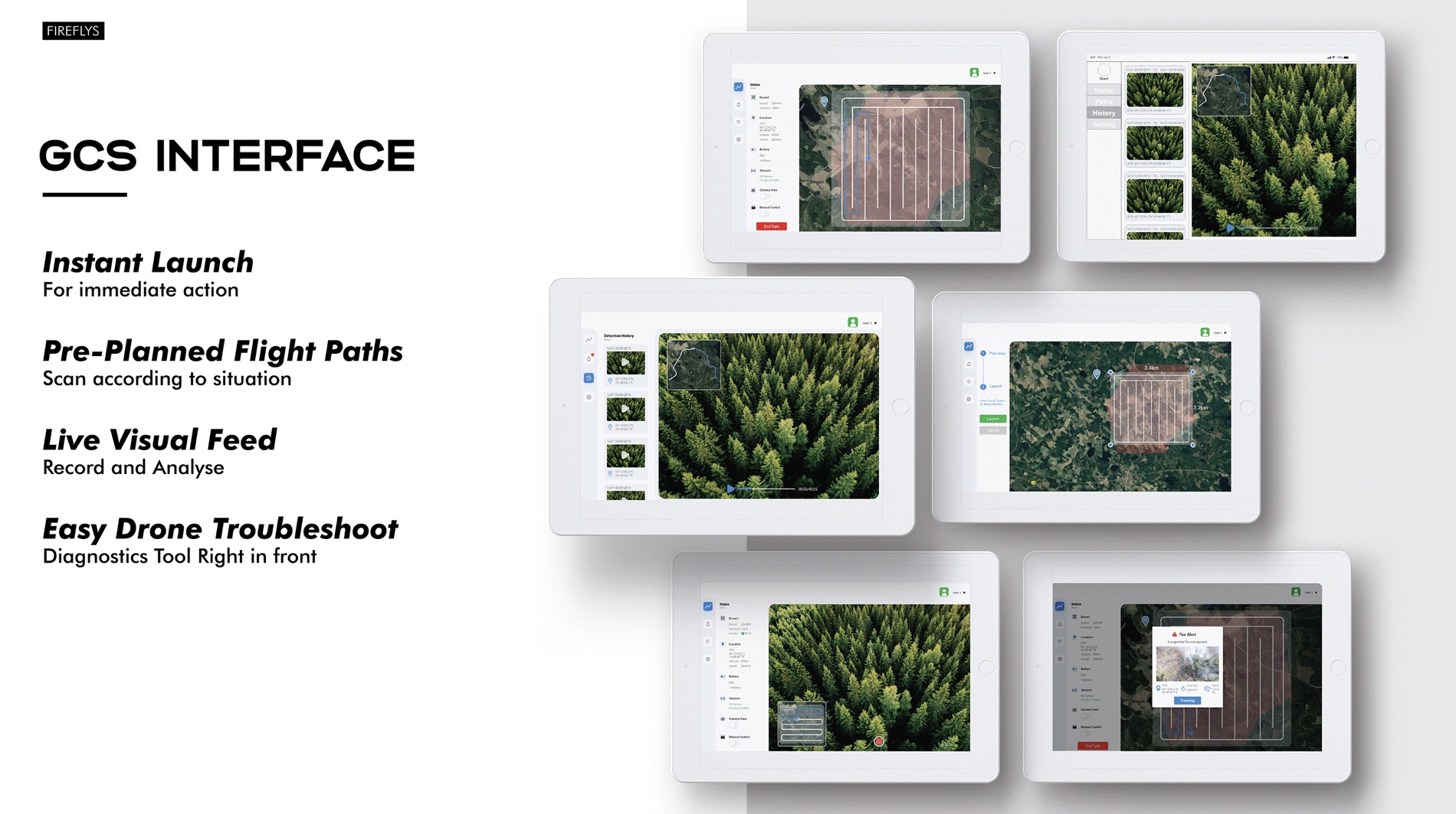Ground-control interface showing mission planning, live feed, history, and alerts.