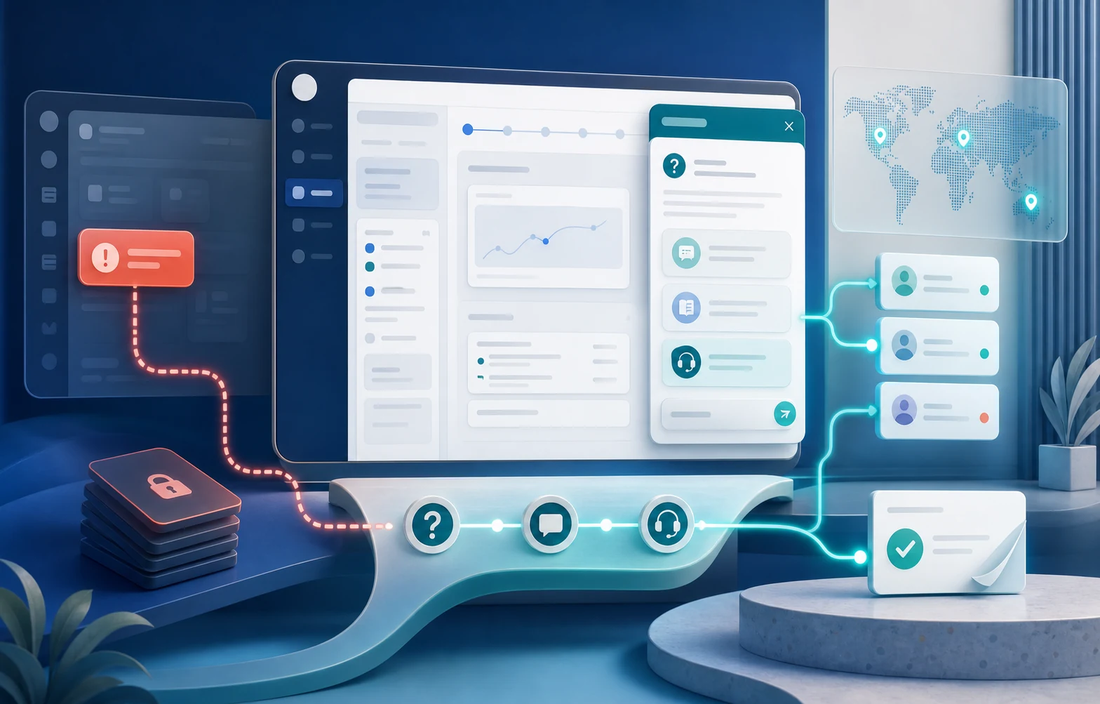 Conceptual illustration of customer-support paths integrated into a clinical software workspace.