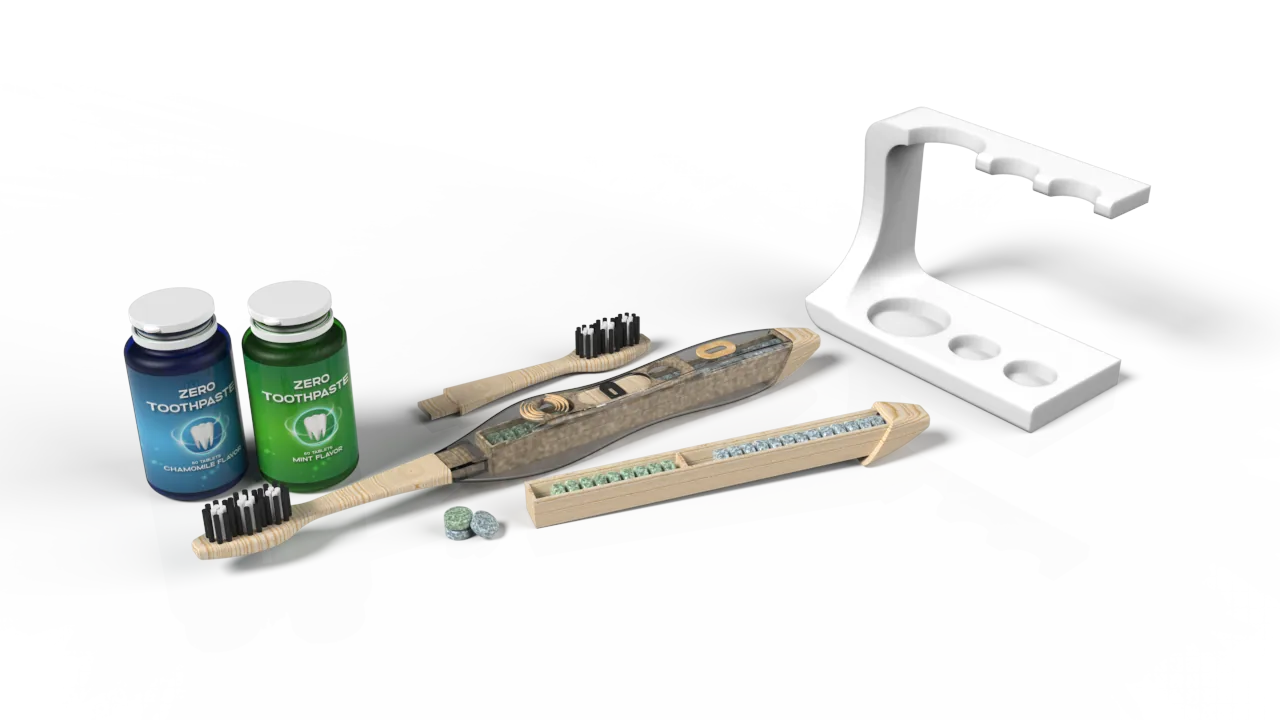 Zero Brush concept system with toothbrush, detachable heads, pellet containers, and holder.