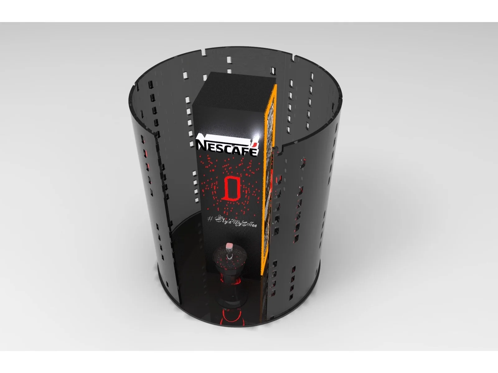 Connected coffee mug, dock, and scoop shown as a product system.