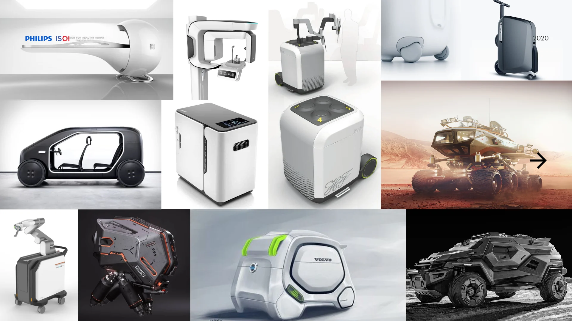Inspiration board combining medical products, mobile equipment, and rugged vehicle references.
