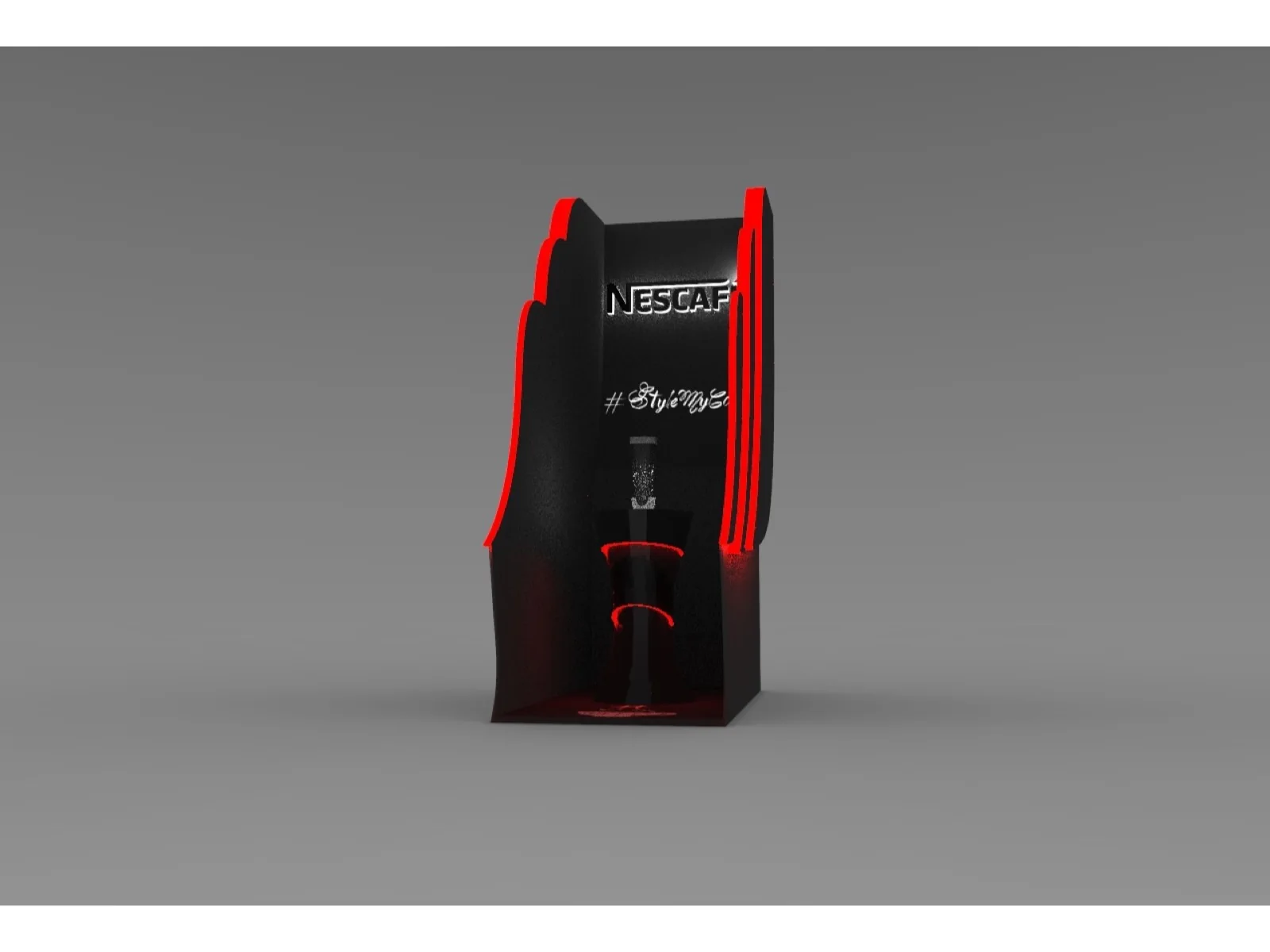 Dark island retail concept with red-lit edges and a central Nescafé product moment.