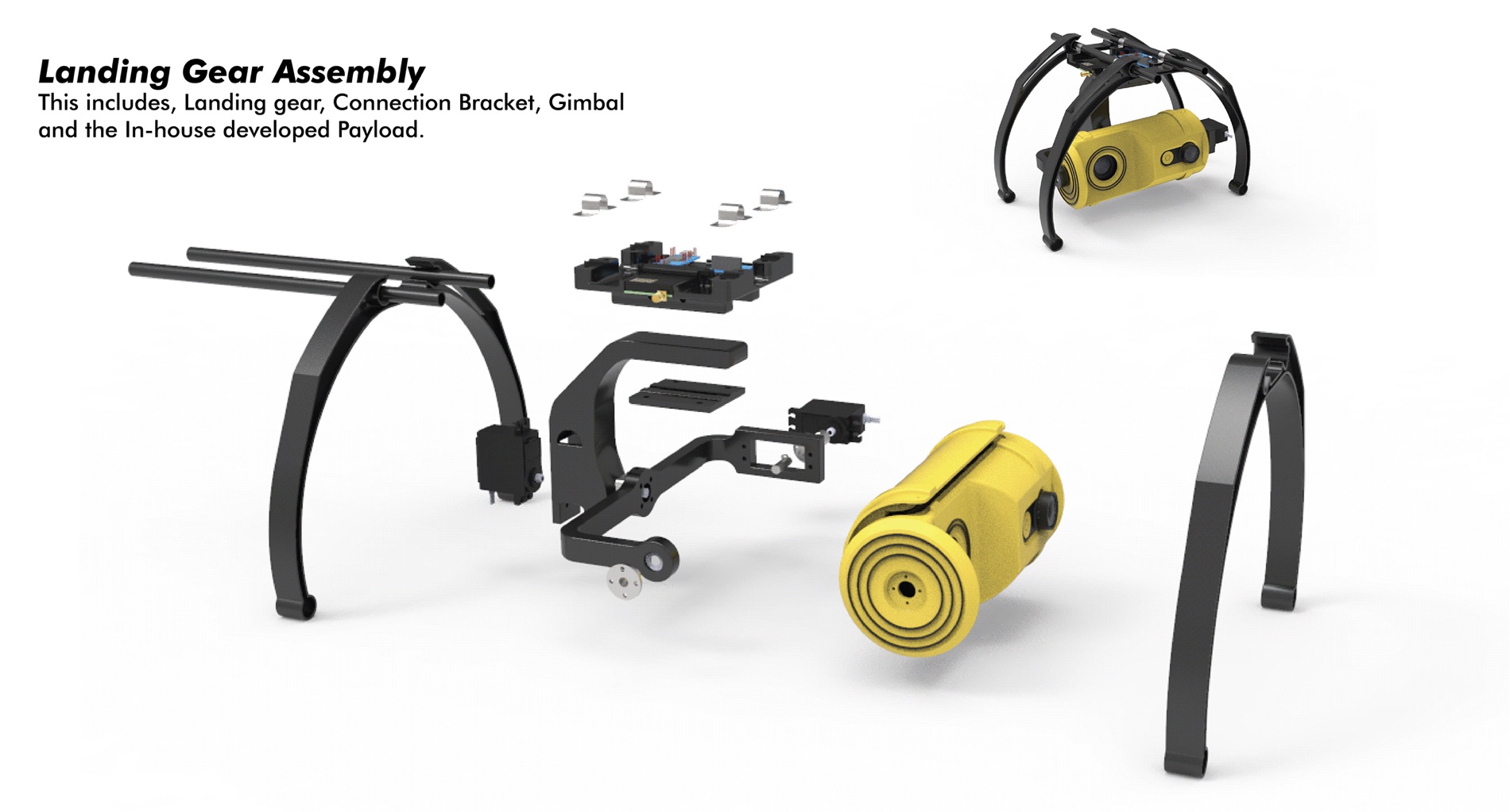 Exploded landing-gear, bracket, gimbal, and payload assembly.