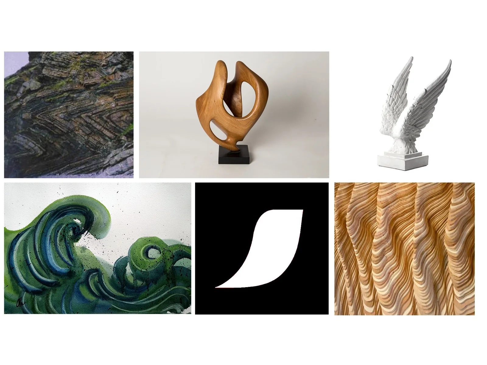 Mood board combining flowing patterns, sculpture, material textures, and a Nescafé graphic reference.