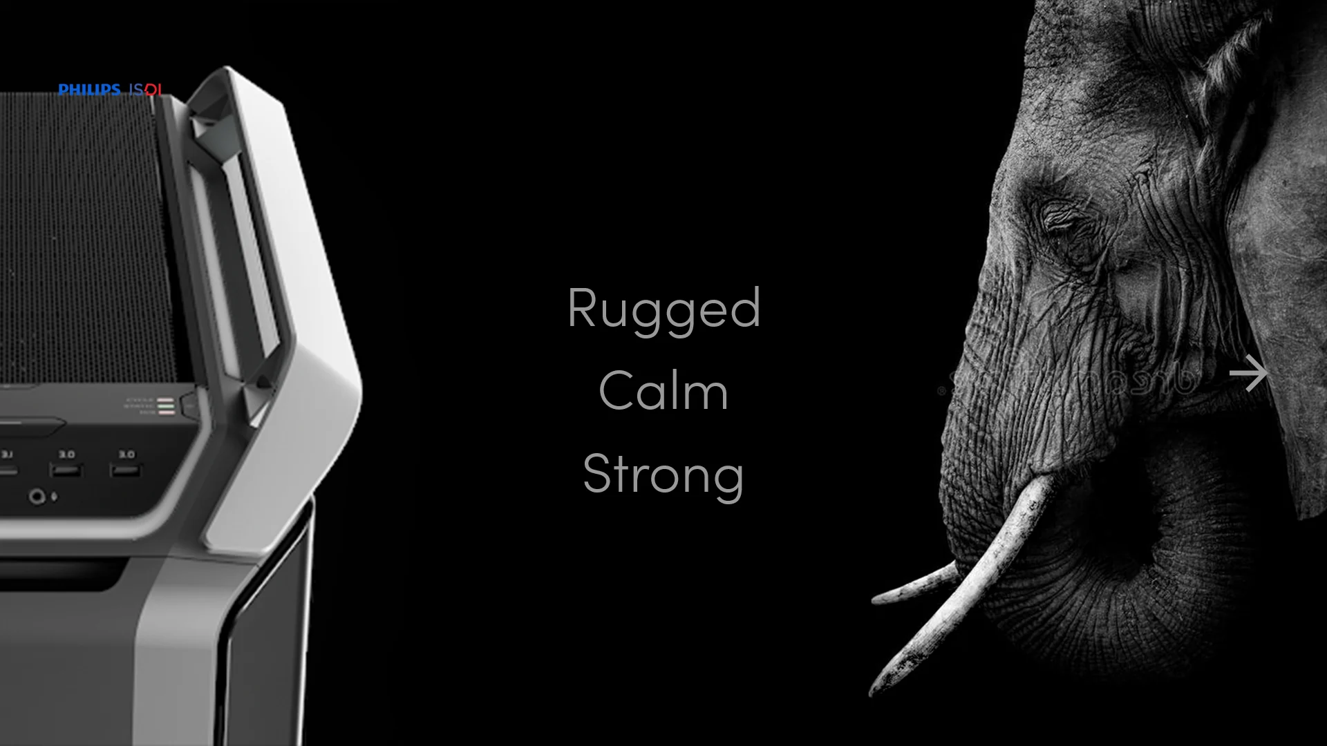Dark mood board combining the words rugged, calm, and strong with product and elephant imagery.