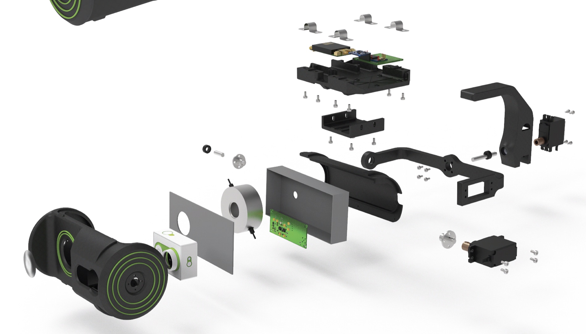 Exploded render showing the payload housing, electronics, gimbal, and fasteners.