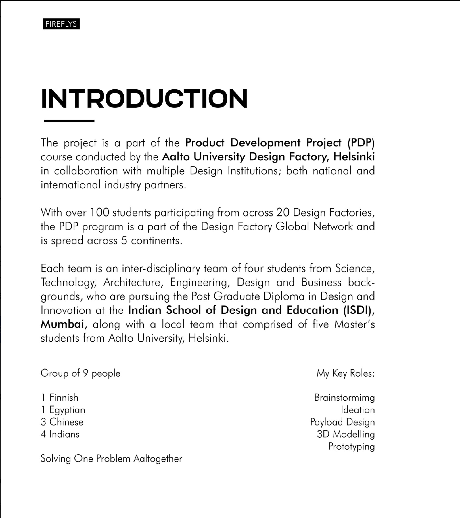 Project introduction describing the international Product Development Project team.