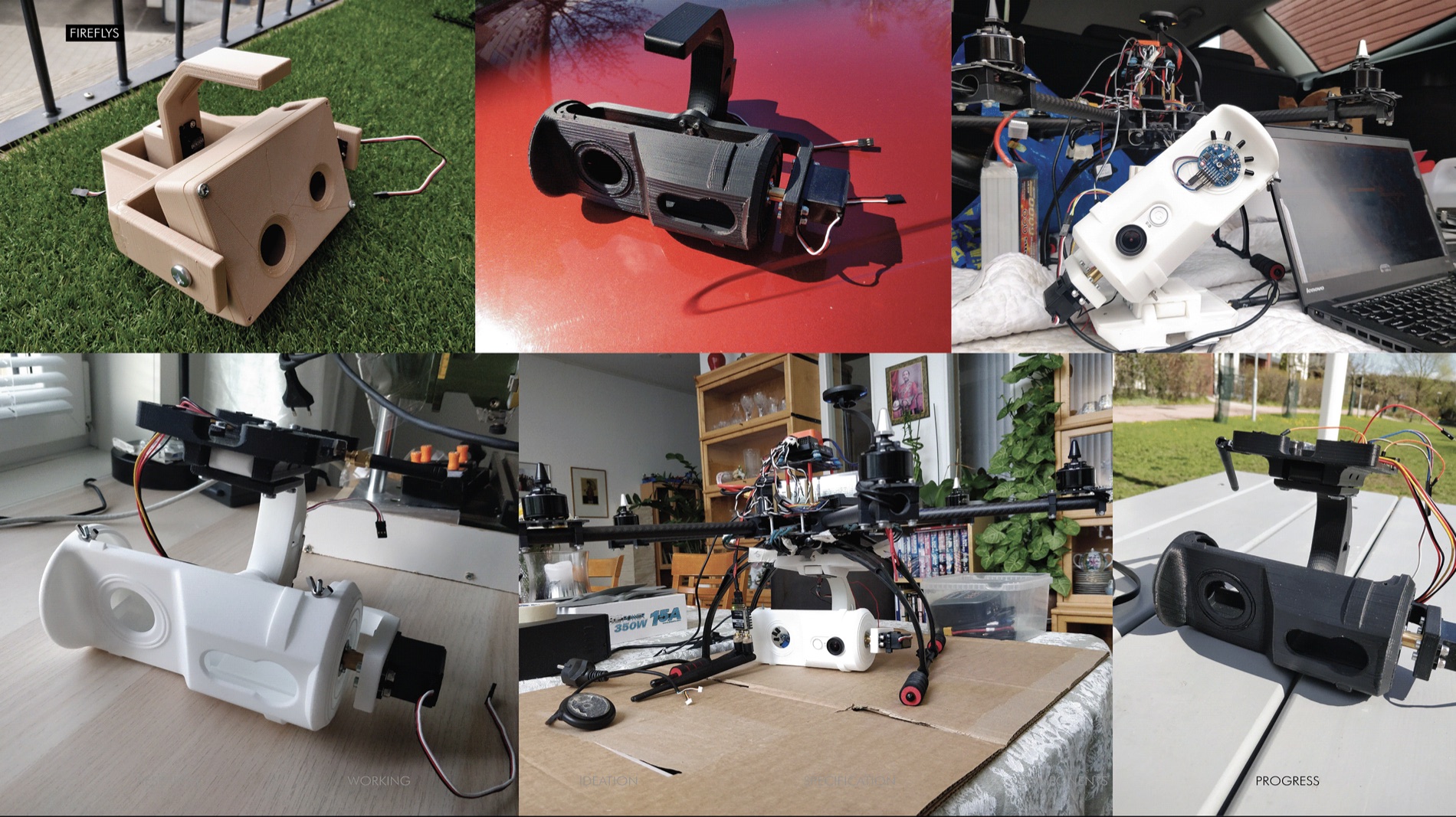 Collage of printed payloads, gimbal prototypes, and the assembled drone.