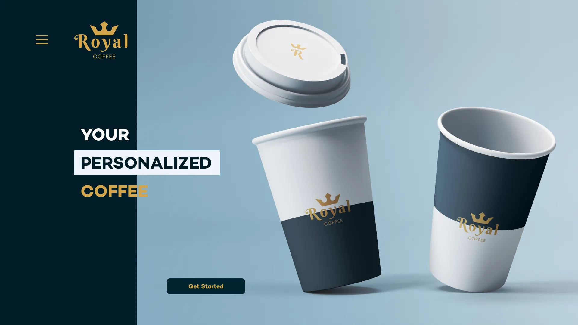 Royal Coffee landing-page concept with personalised branded coffee cups.